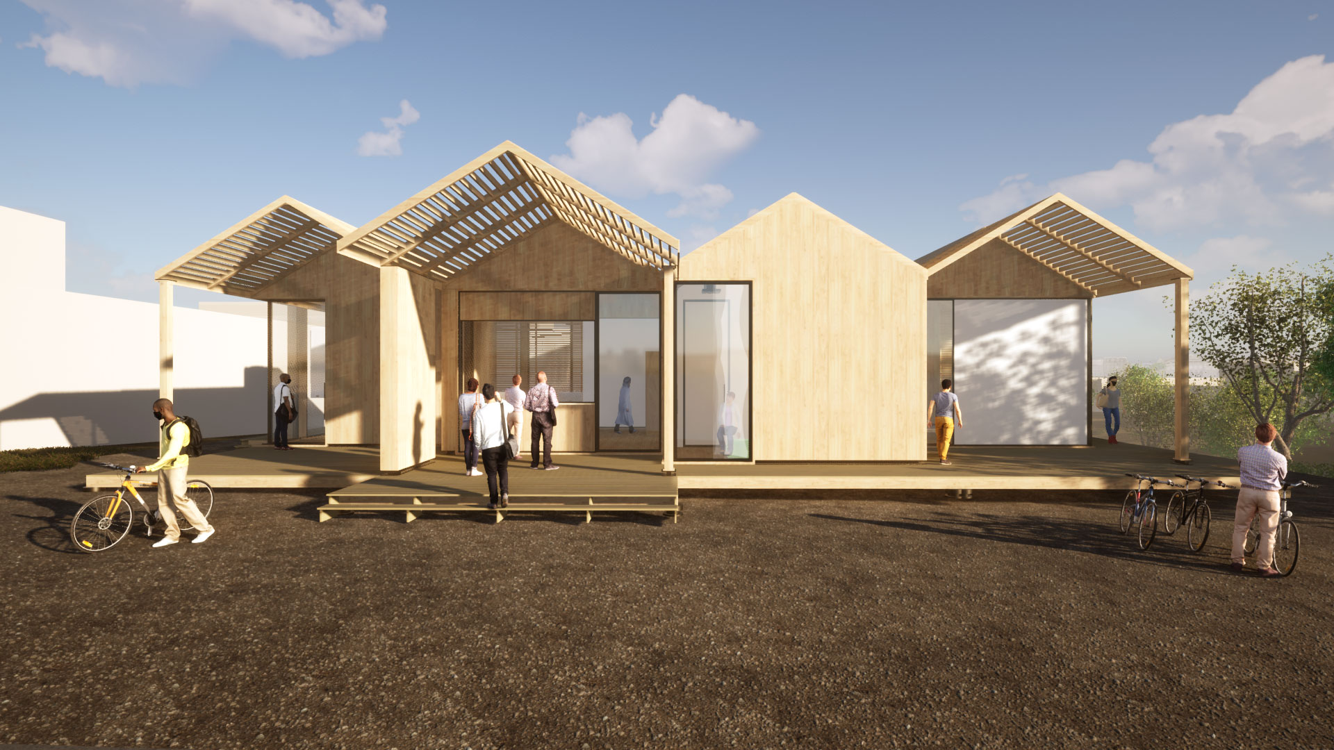 Exterior of a modular wood-and-glass structure composed of four sections, with masked people coming and going