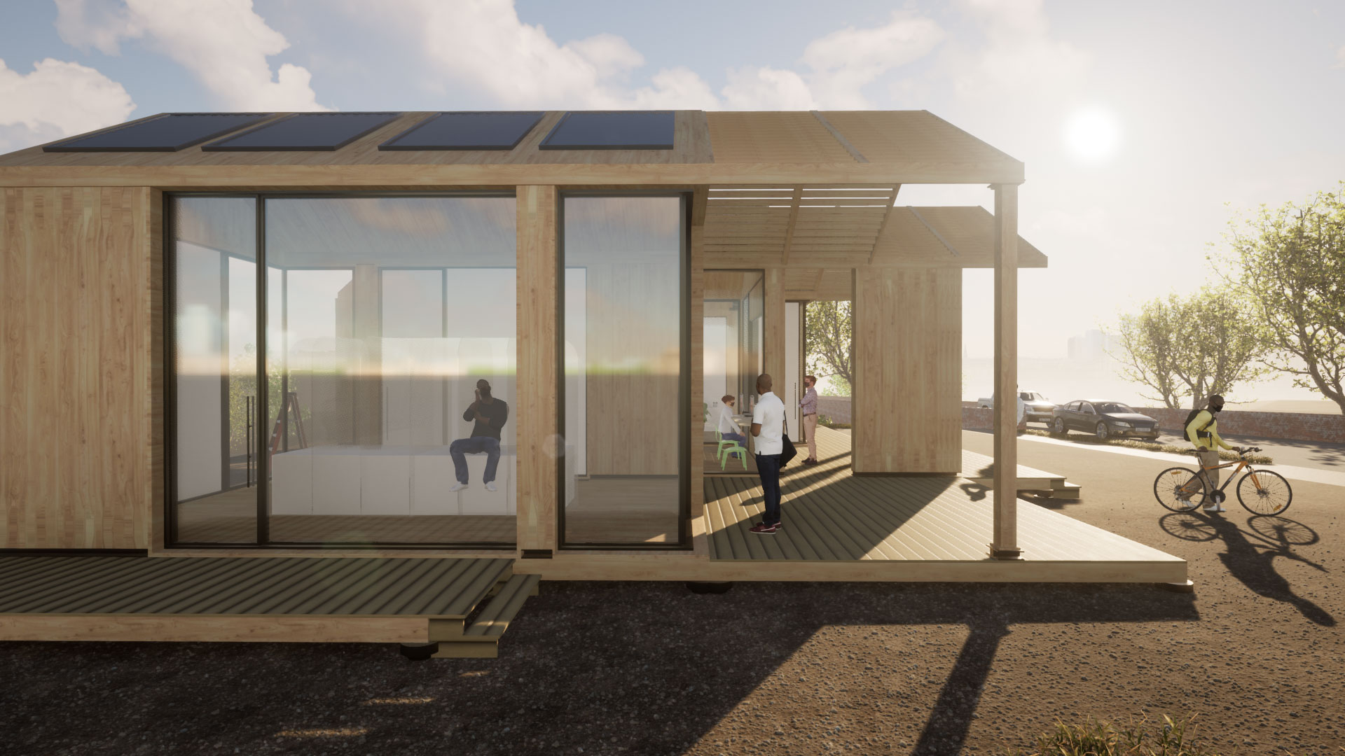 Building made of light wood and glass with solar panels on the roof, bright sun shining behind it, casting shadows to the left