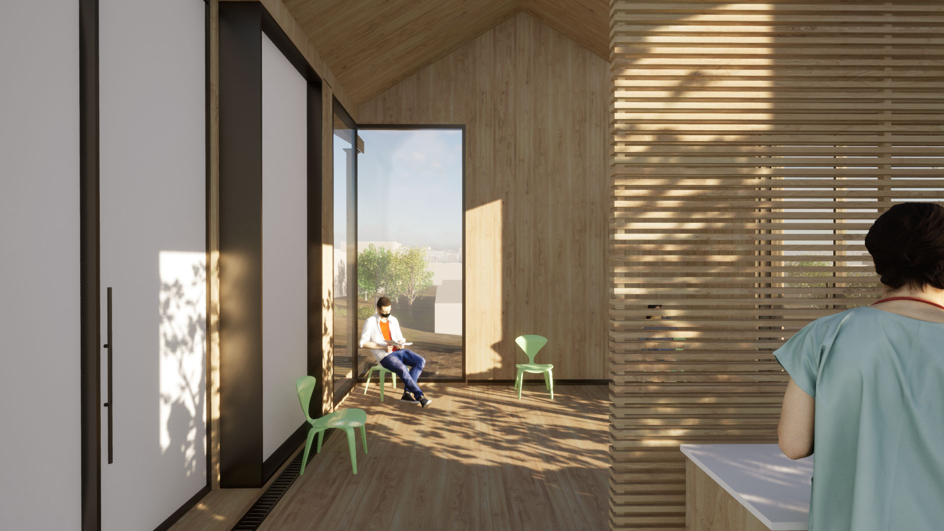 Interior of a clinic made of light wood, with bright natural light casting shadows of tree leaves around the high-ceilinged space