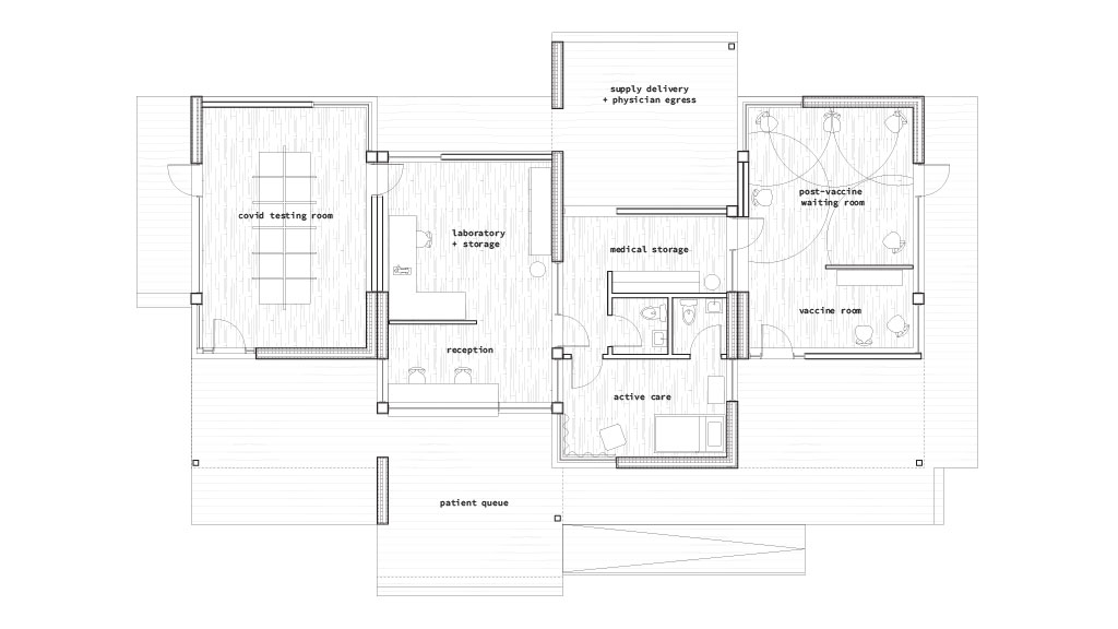 Floorplan for a clinic’s rooms, labeled covid-testing room, laboratory and storage, reception, supply delivery and physician egress, vaccine room, post-vaccine waiting room, active care, and medical storage