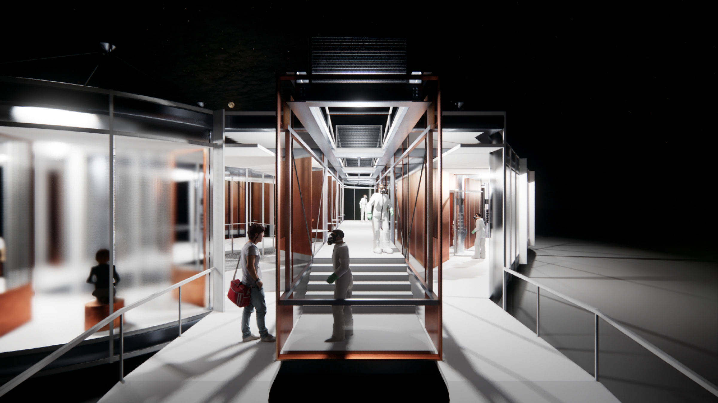 Exterior of a transparent-walled structure illuminated at night, with a person in protective clothing interacting with a patient waiting to enter