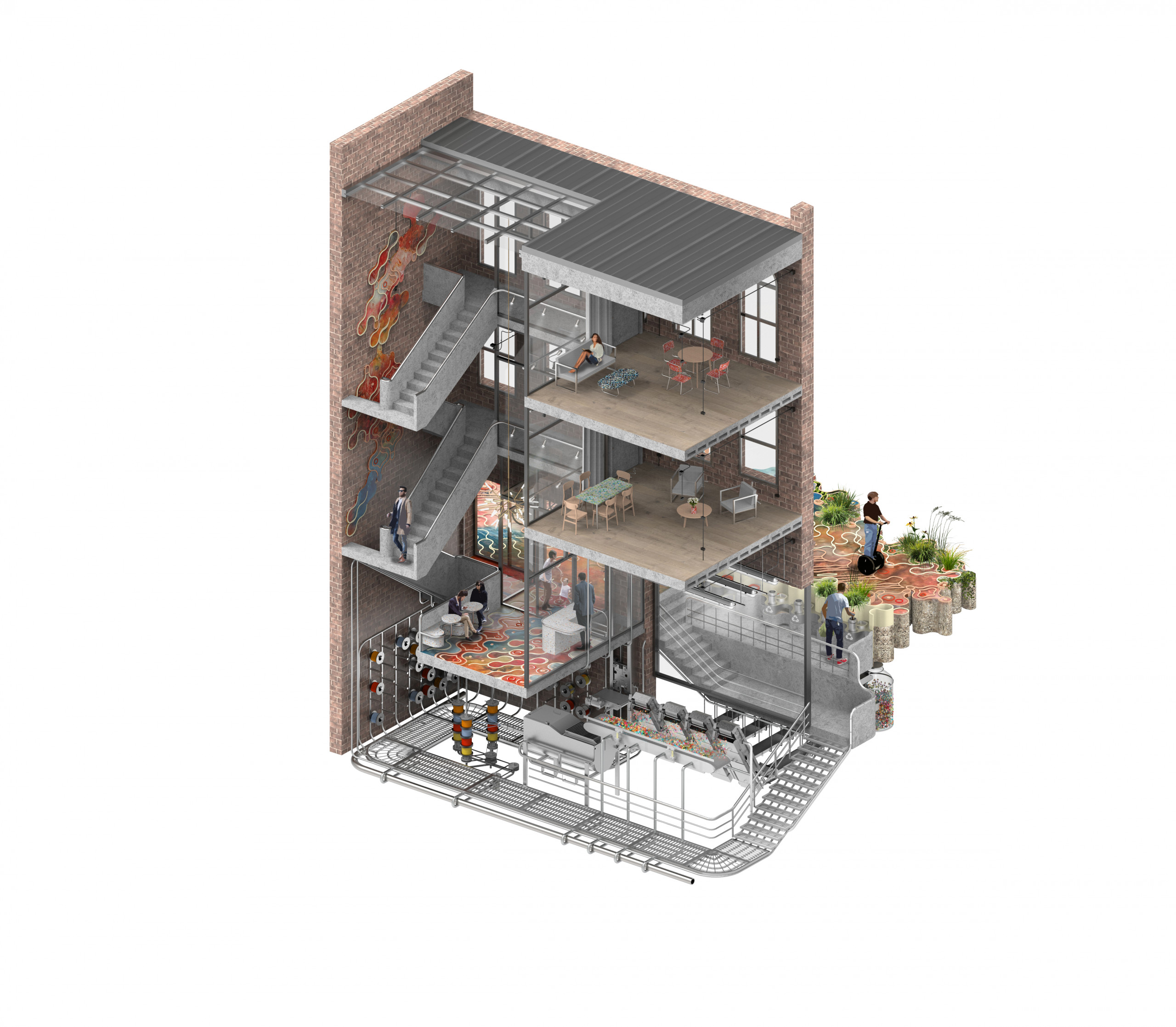 Cutaway view of a building from the back side, showing two levels with apartment furnishings, a ground-floor cafe with a counter and small round tables, and a basement workshop with a system of pipes and other machinery