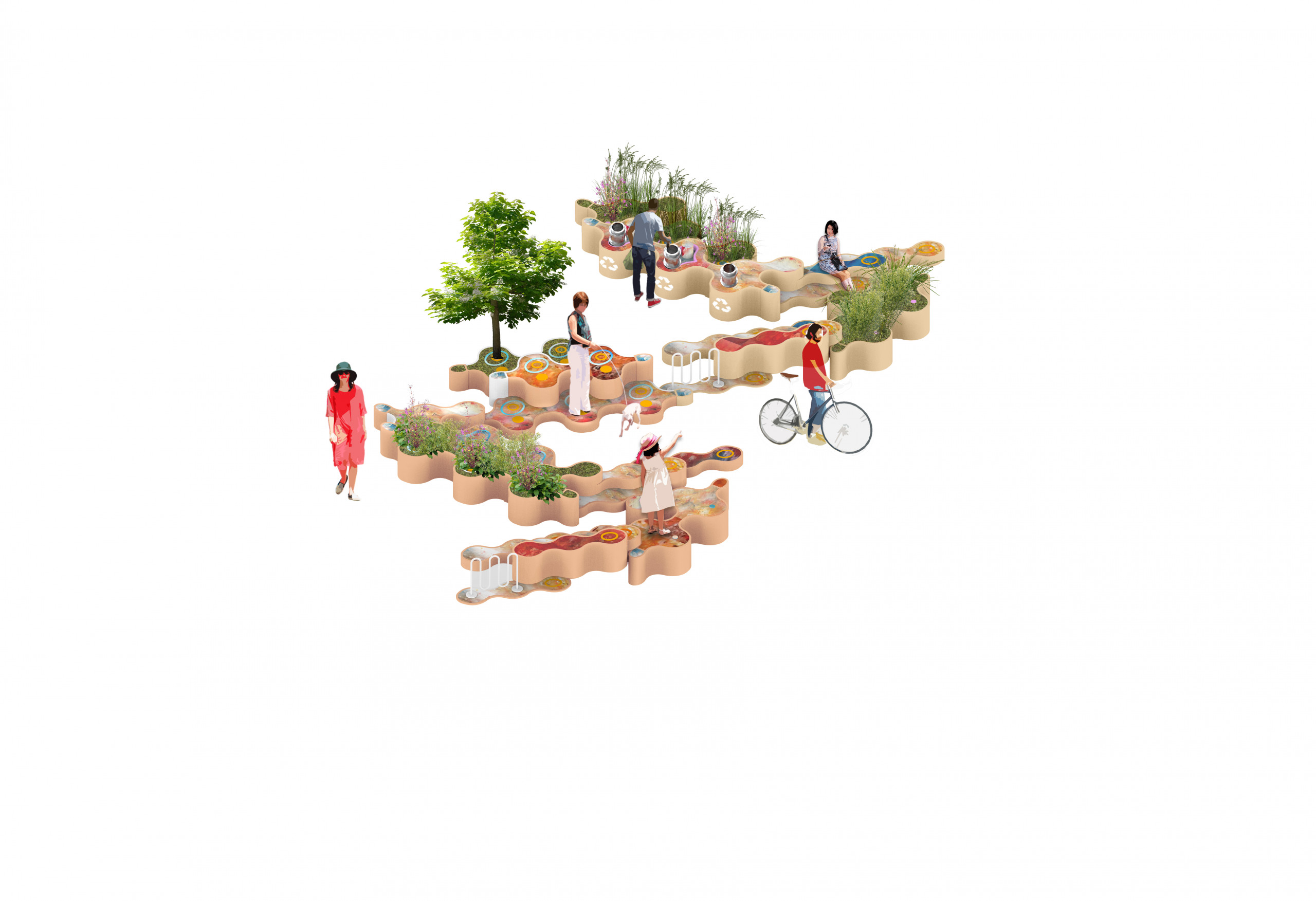 People and a dog sit, bike, walk, and play outdoors among wavy interlocking planters and benches