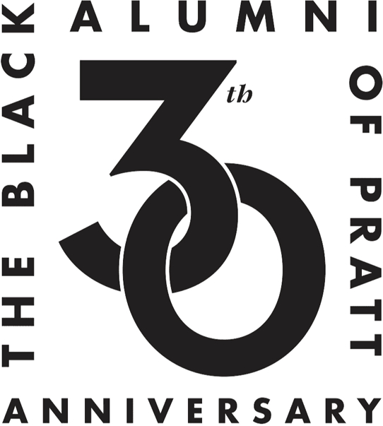 The Black Alumni of Pratt 30th Anniversary log in black letters on a white background.