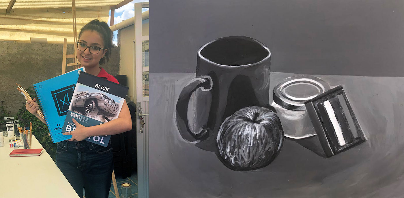 Danna Garcia Moreno with art materials supplied by BAP; her completed value painting
