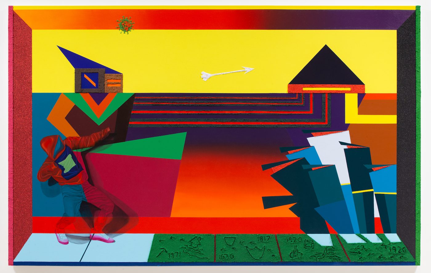 Jamaal Peterman, “Robin Hood” (2020), oil paint, vinyl glitter, and sand on canvas, 60 x 95 inches