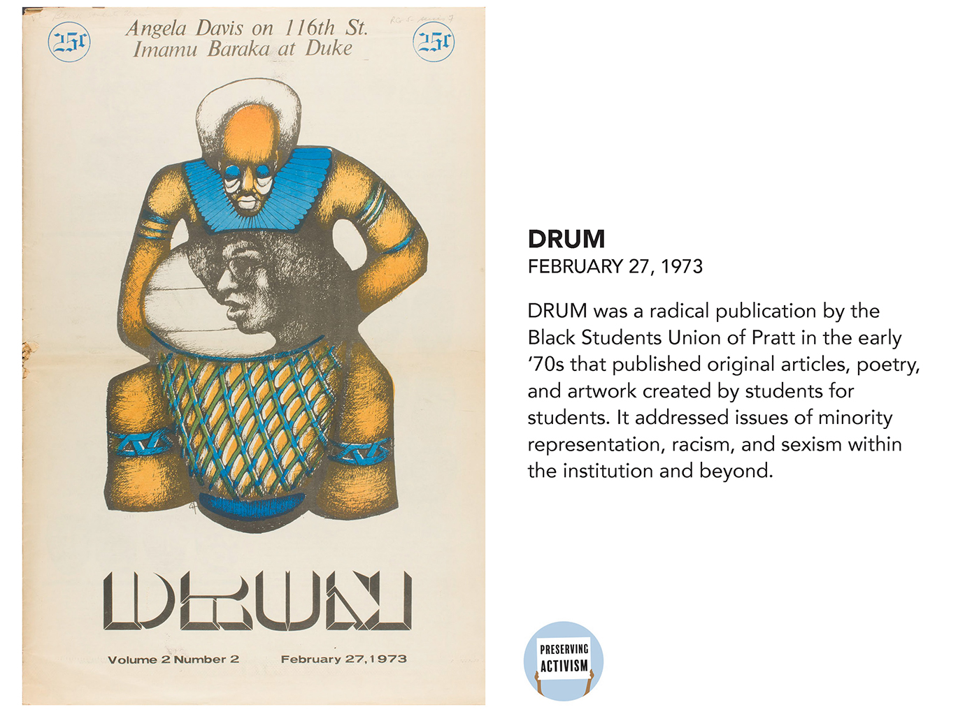 An issue of DRUM published by the Black Student Union of Pratt in the early 1970s from “Preserving Activism”