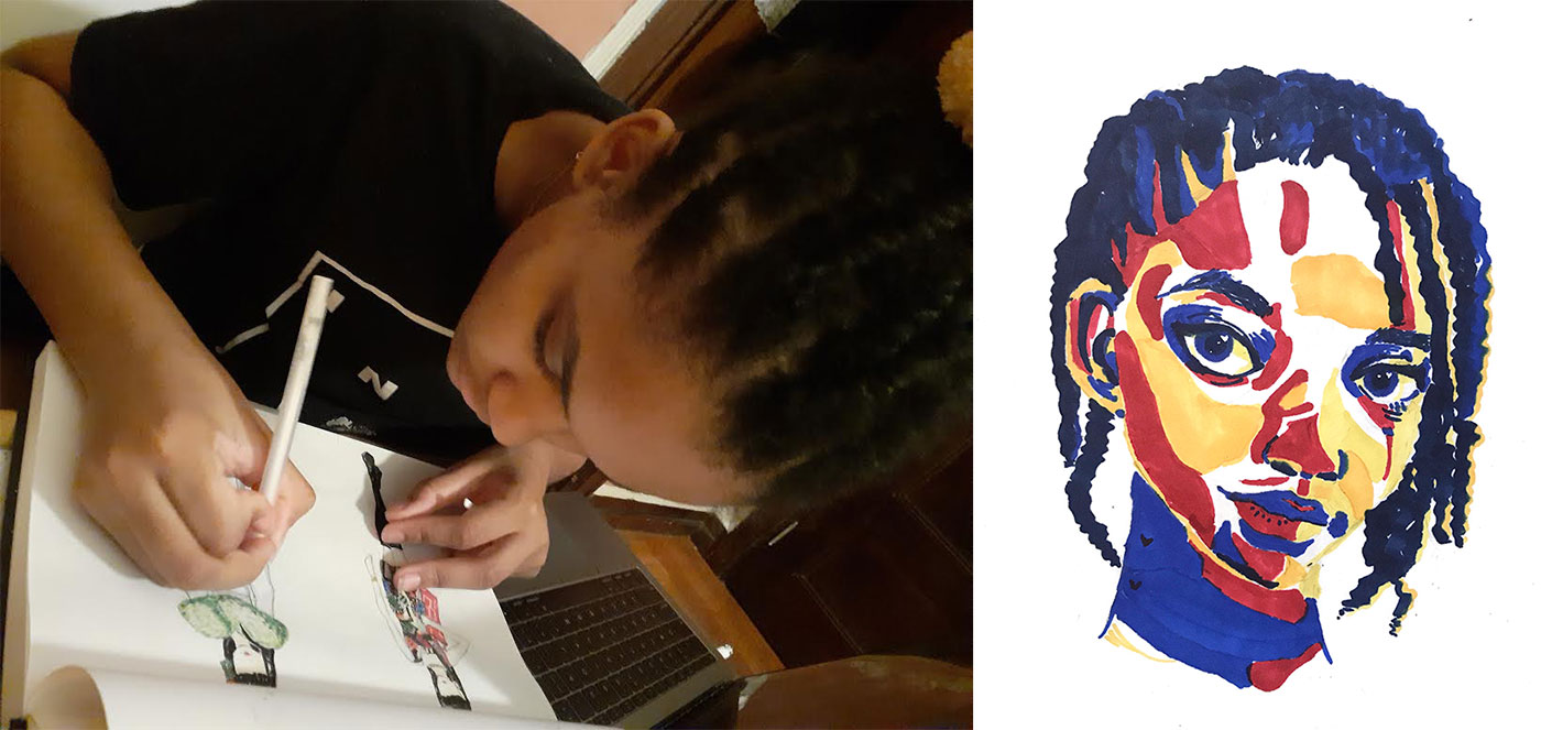 Jordan Anderson working on a PreCollege assignment; a finished drawing by Anderson