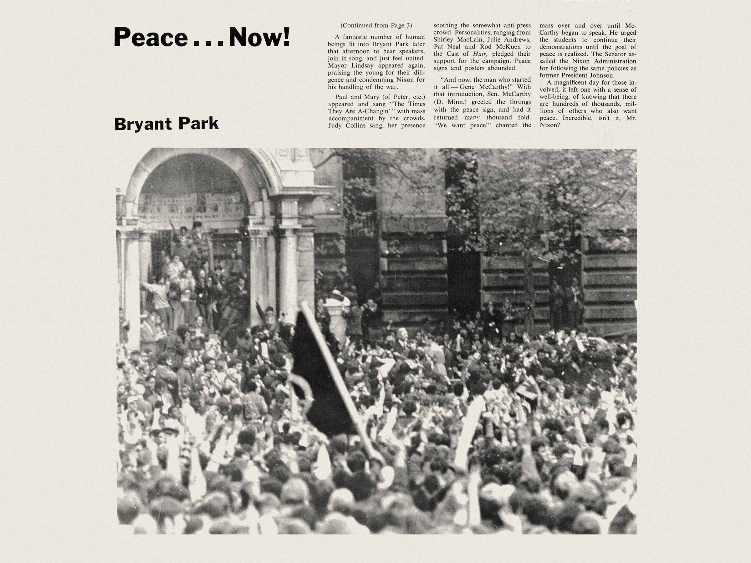 A page from the Prattler newspaper with headline Peace Now!