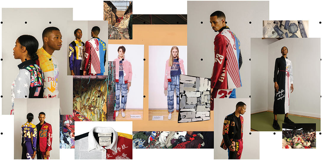 A collage of textiles, models wearing Margaret Burton designs, fashion design sketches and inspirational arts.