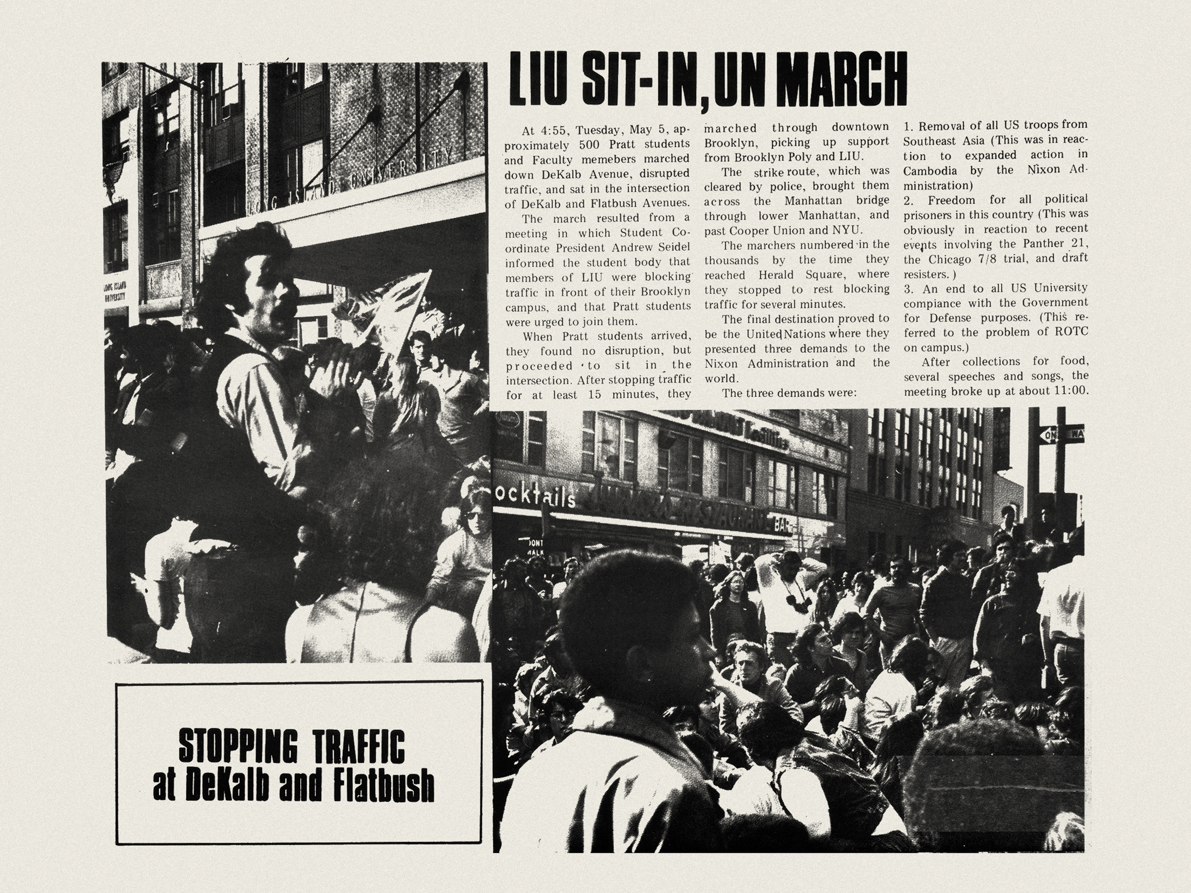 Page from the Prattler newspaper reading LIU Sit-in, UN March