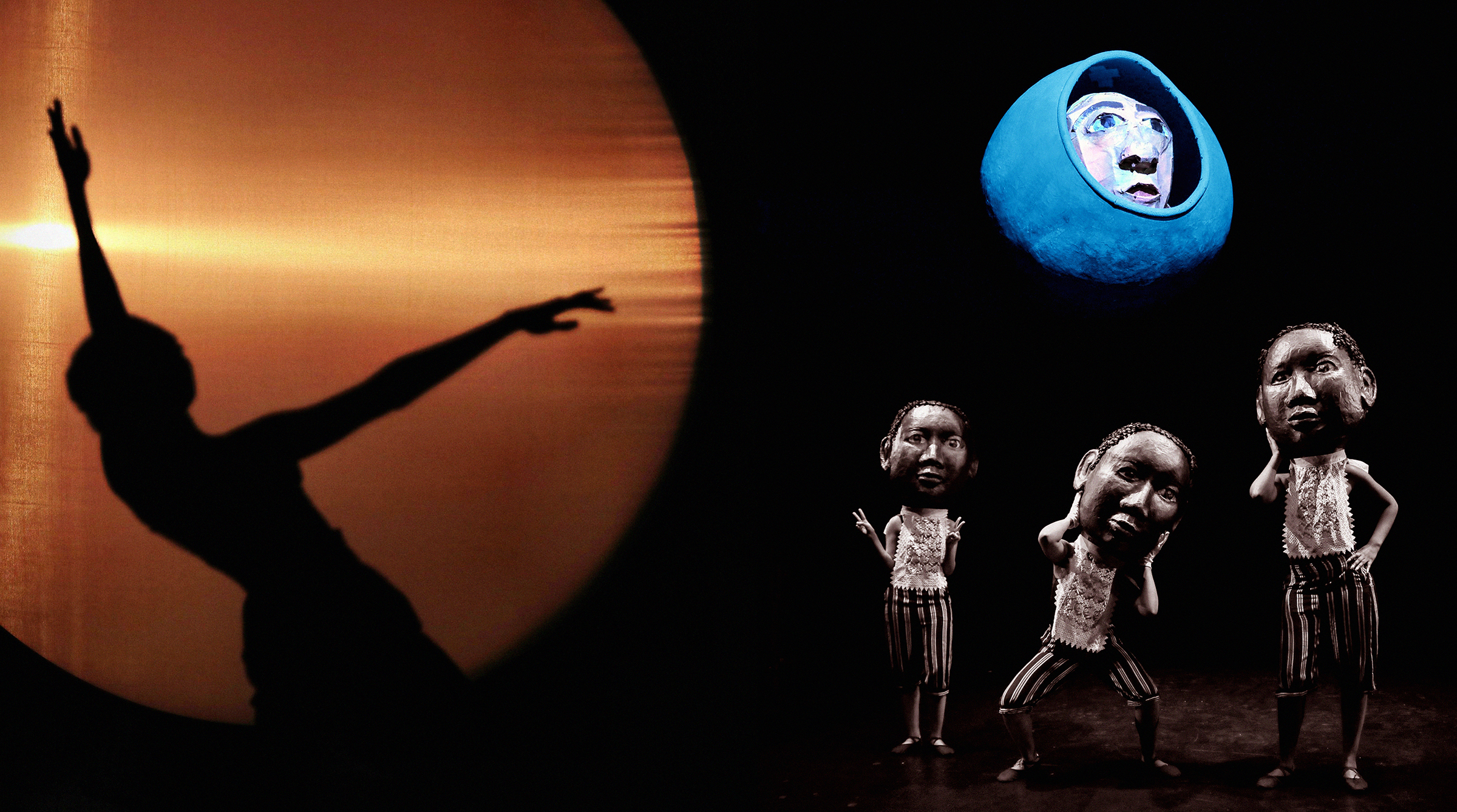 Shadow dancer with glowing circle resembling the sun, and dancers with puppet heads