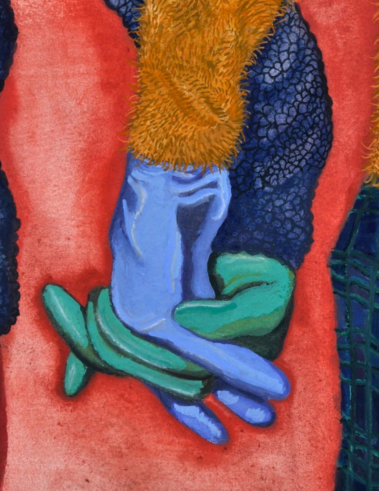 Painting of two gloved hands, one green and one blue, interlaced with one another