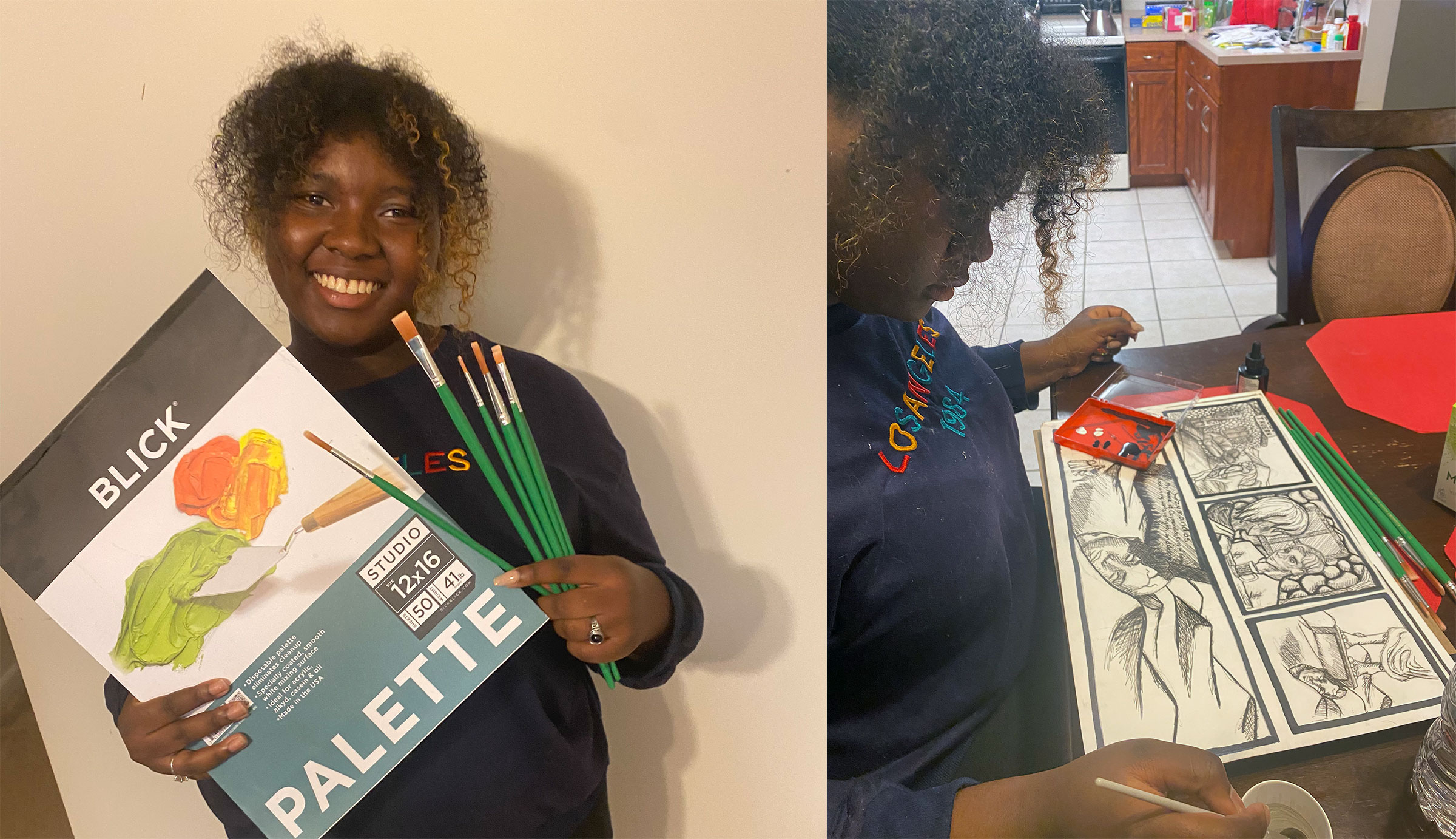 Samantha Mae Nobles with art materials supplied by BAP and her work on a comic