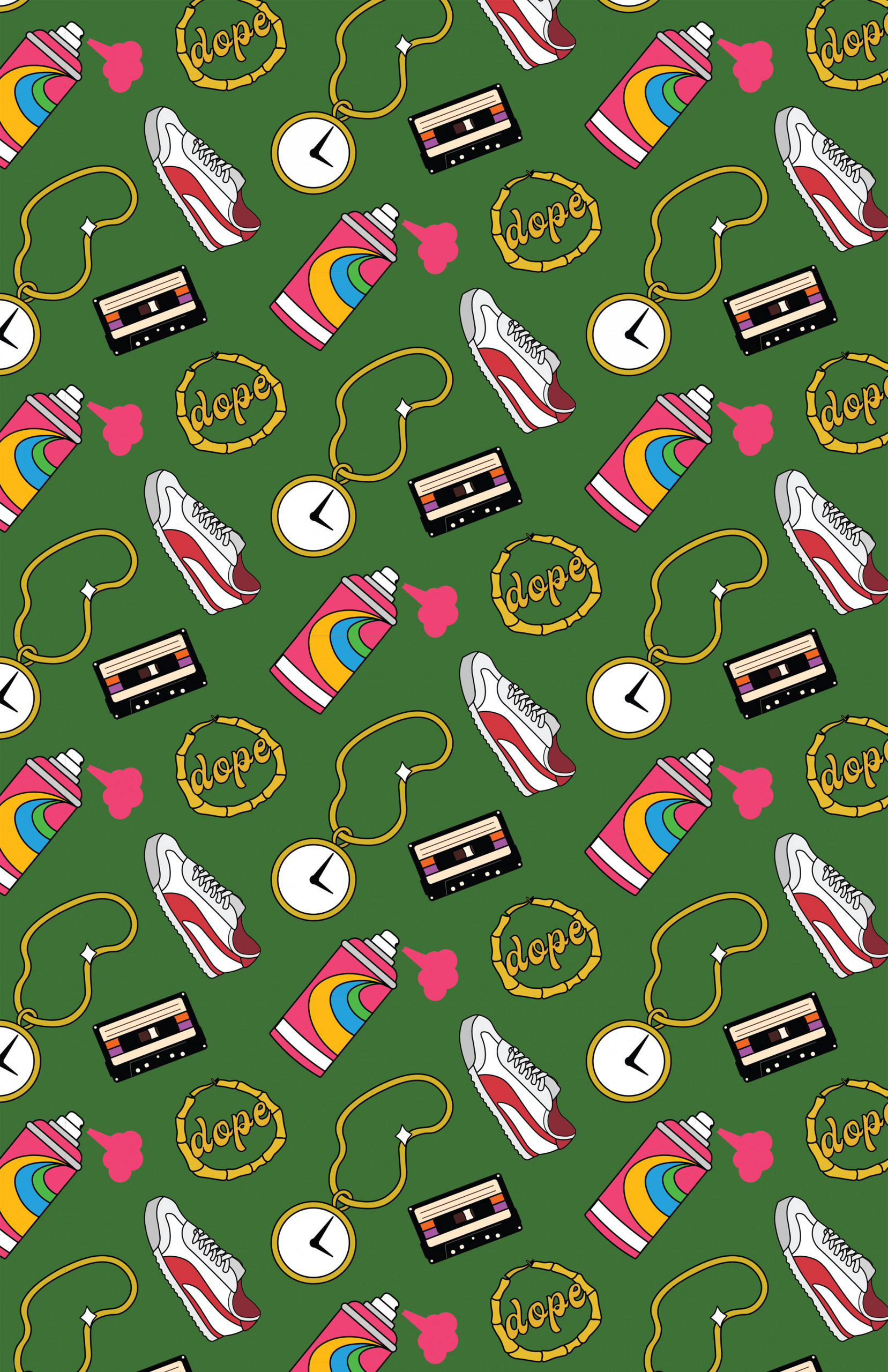 Repeating illustrations of sneakers, cassette tapes, gold hoops, and clock necklace on a green background