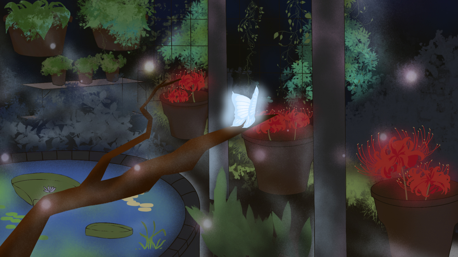 An illuminated butterfly lands on a branch in a garden at night