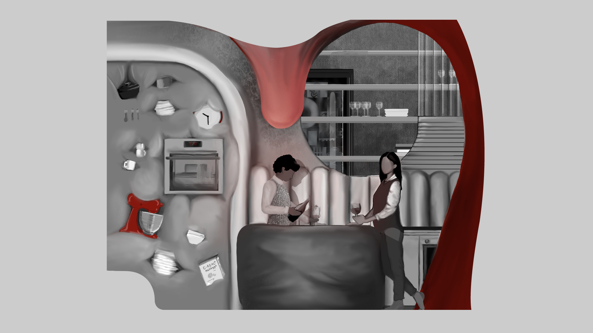 Two people share wine at a kitchen island with soft edges