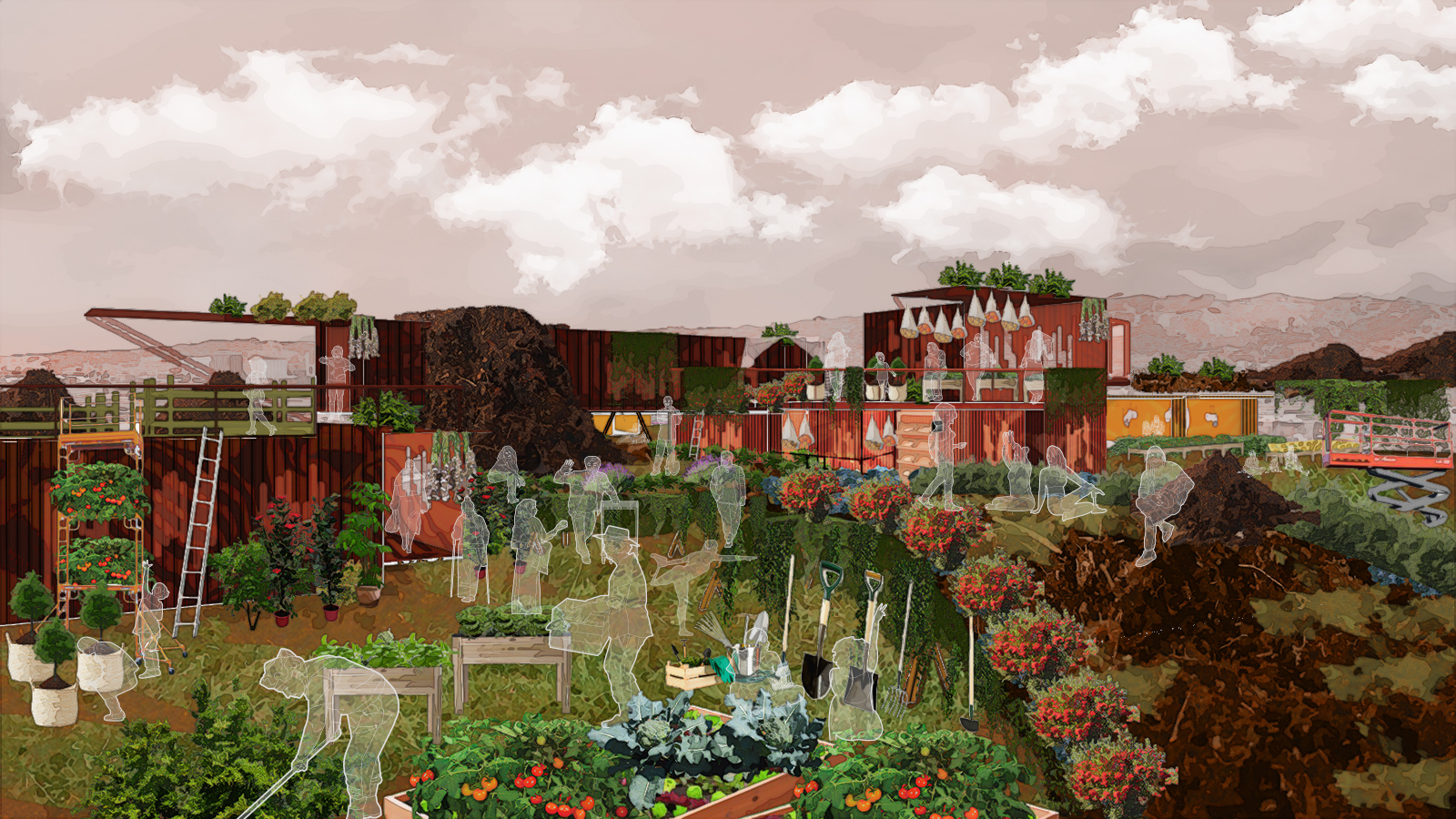 Landscape lush with produce gardens