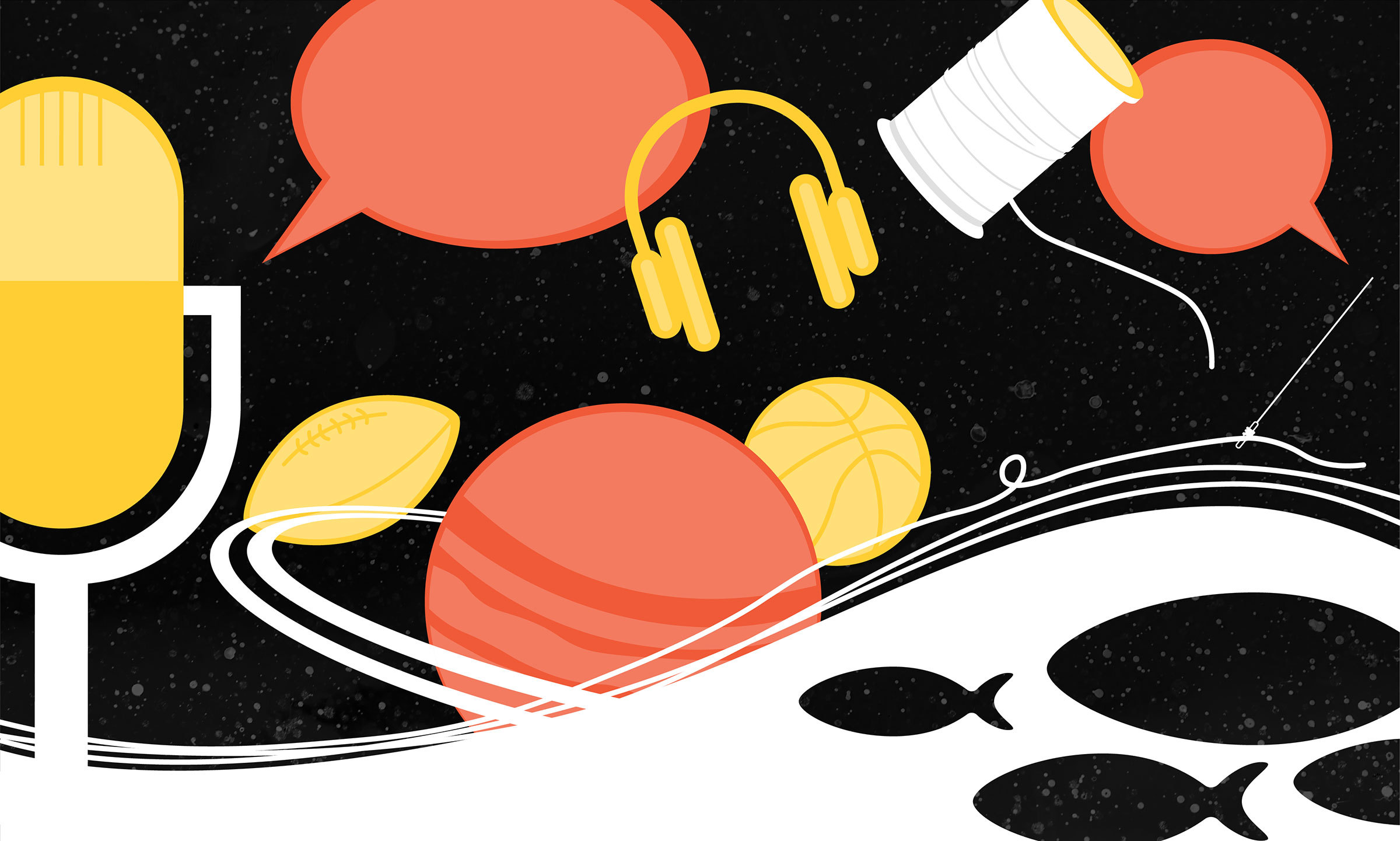 Illustration of a microphone, planets, and fish