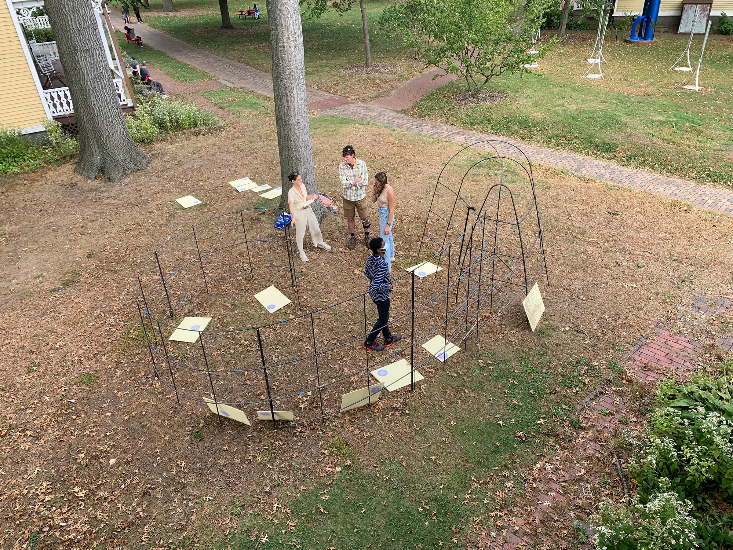 Aerial view of the installation of the Urban Ecology Pavilion on Governors Island
