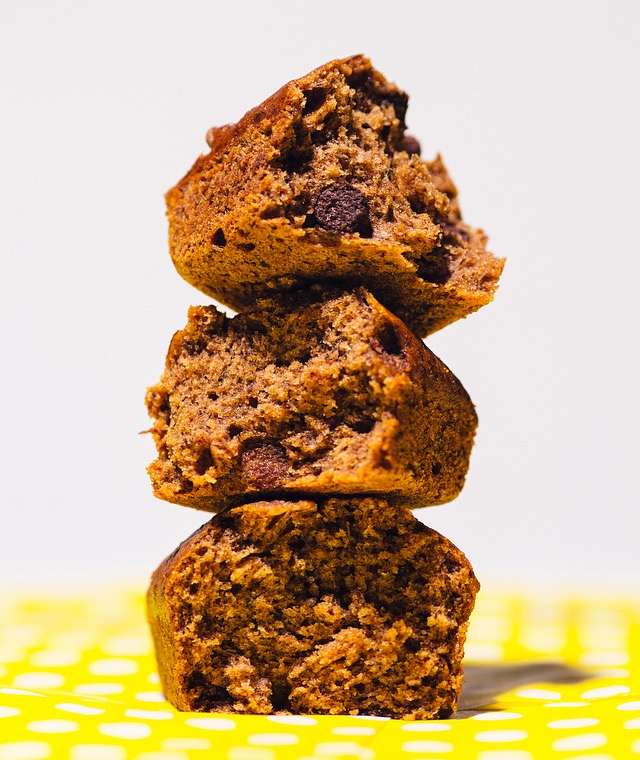 Stack of halved chocolate chip banana bread loaves