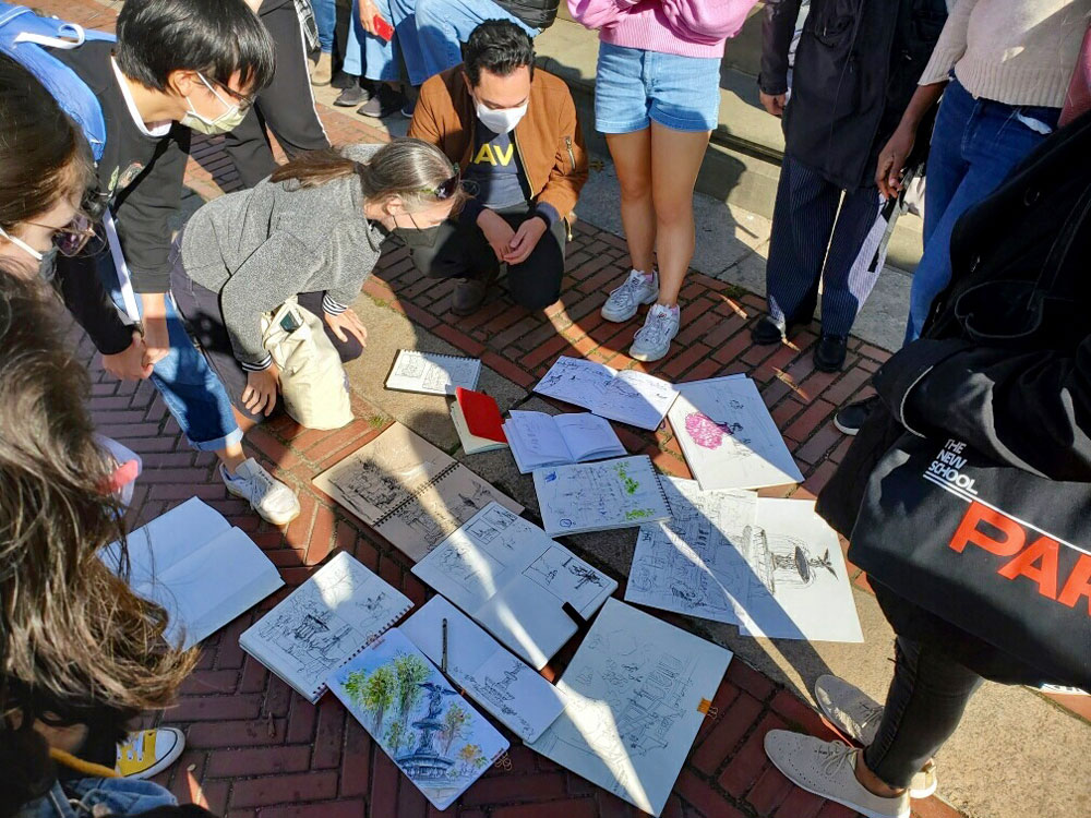 The group sharing their drawings of Central Park (courtesy Jedidiah Dore)