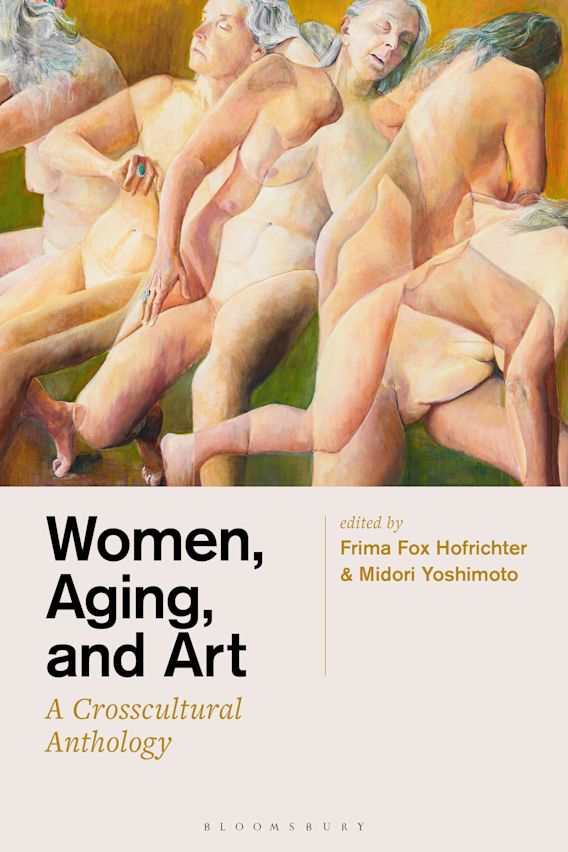 Book cover with black and gold text and image of nude figure with long gray hair rendered in different seated positions