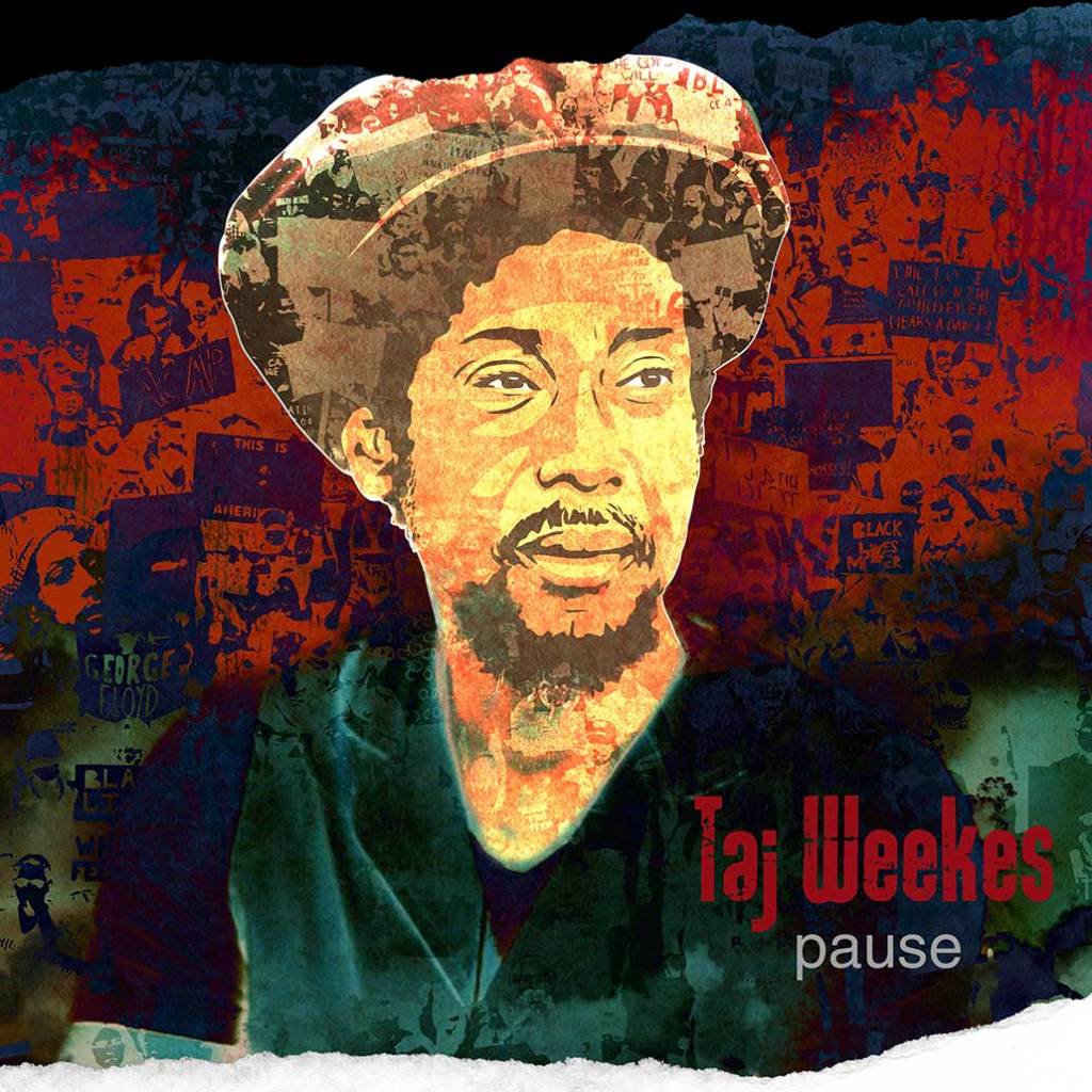 Album cover with portrait of Taj Weekes against blue, red, and green background