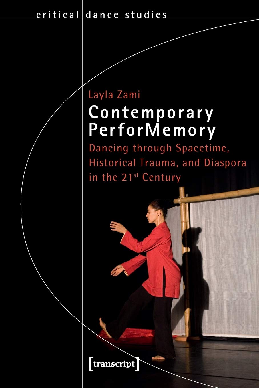 Book cover with performer in red coat moving across a spotlit stage