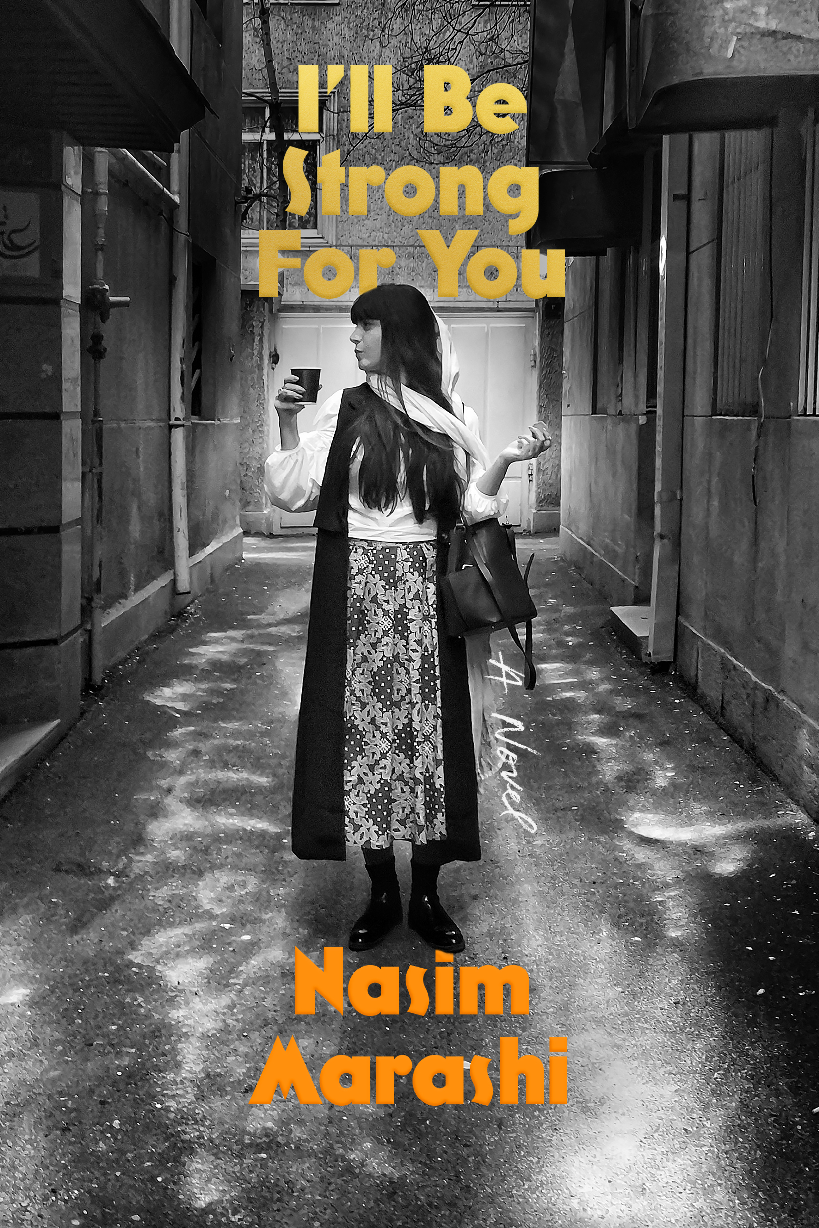 Book cover with person in long skirt and scarf posed in an alleyway