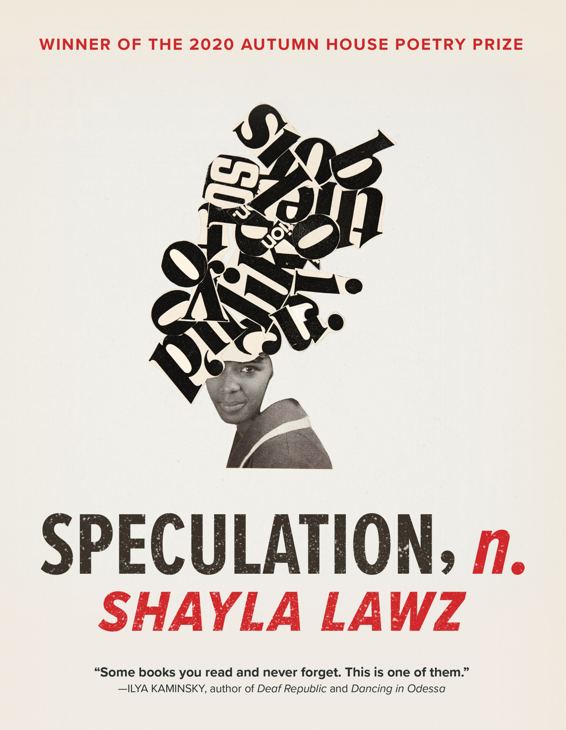 Book cover with collage of person with cluster of words rising from their head