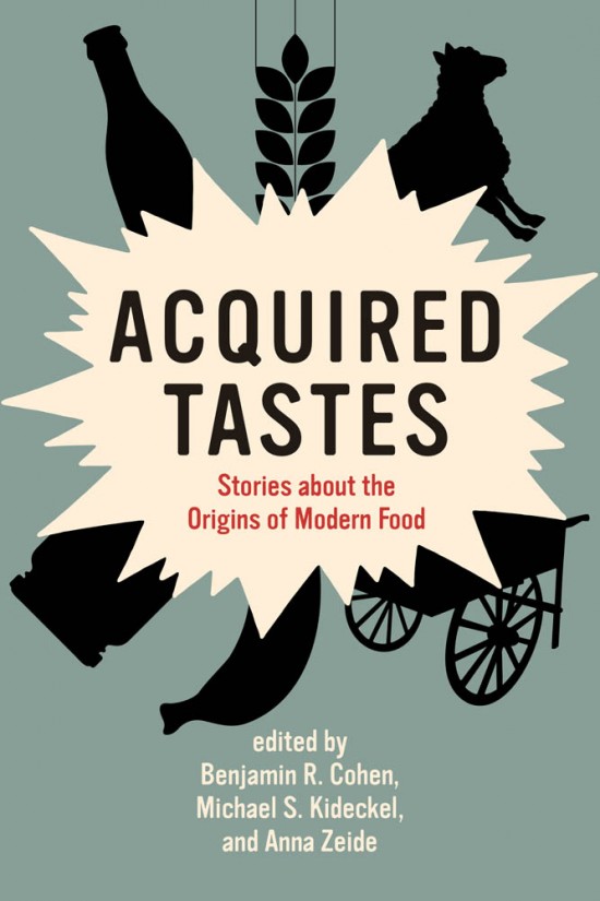 Book cover with silhouettes of banana, jar, glass bottle and other food symbols
