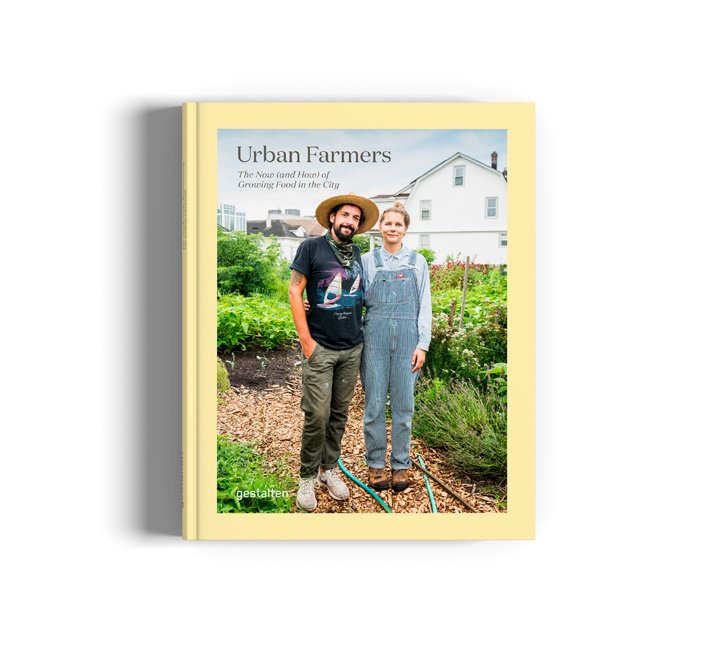 Book cover with photo of two people in stylish farm-work gear standing in a small farm plot