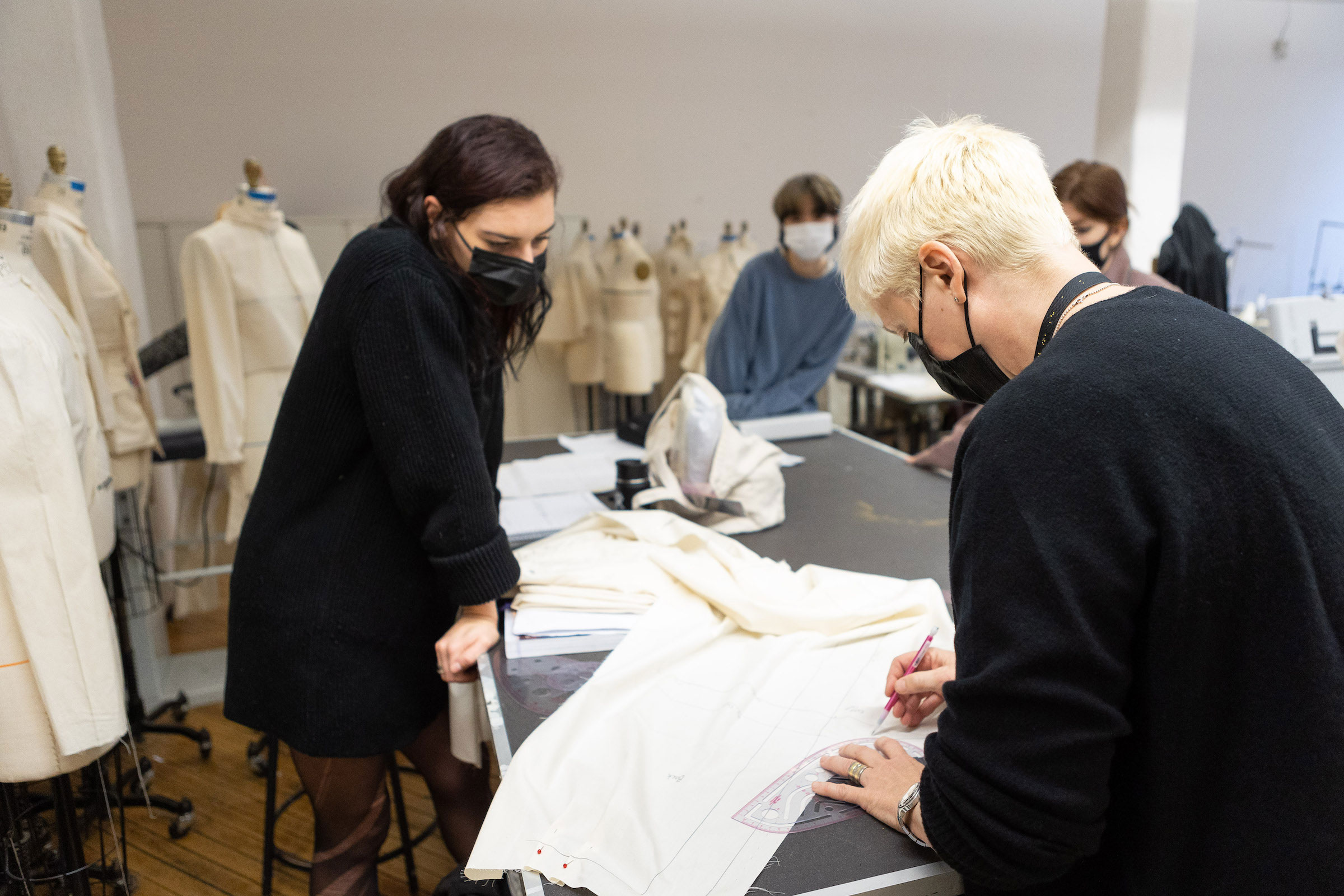 Students learning drapery and construction at Pratt in 2021