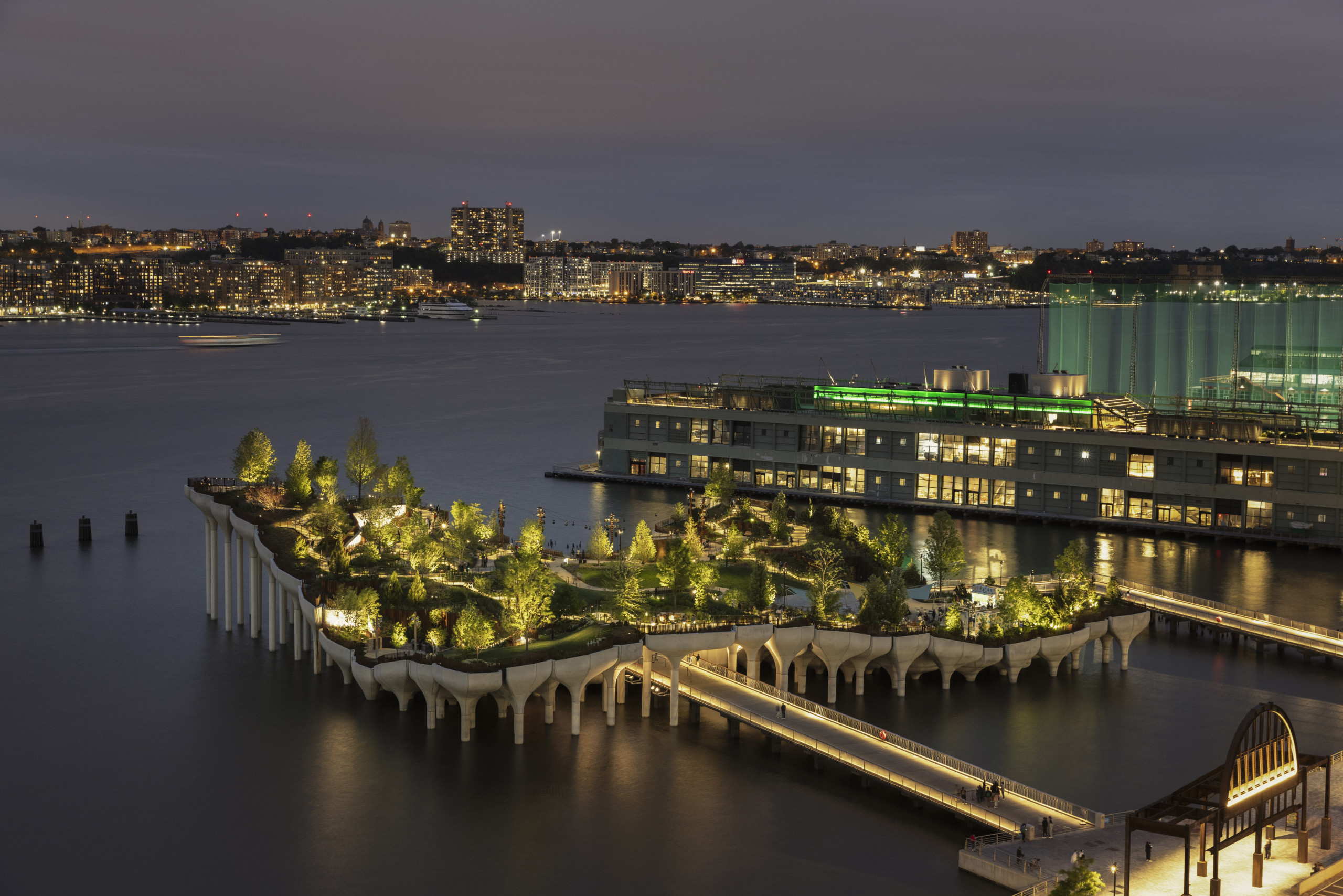 Aerial view of Little Island illuminated at night