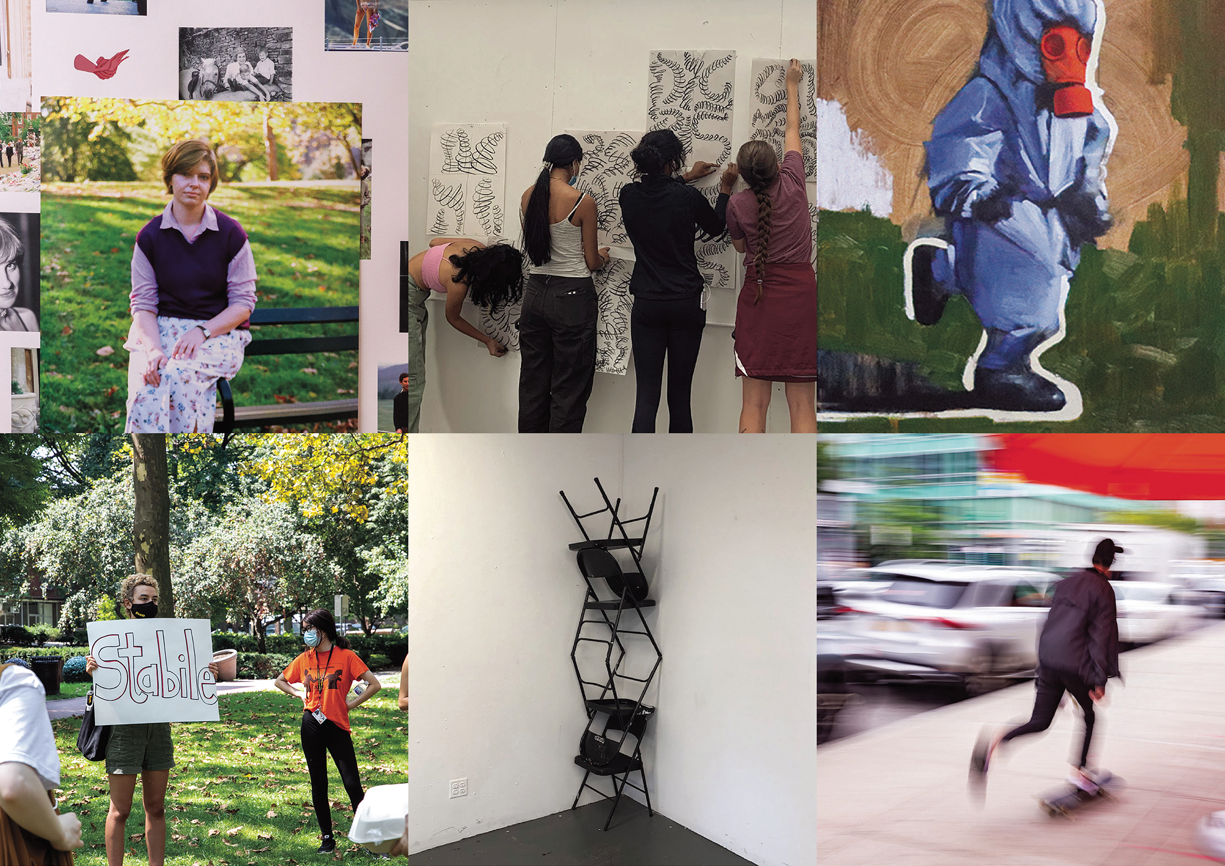 Six snapshots of student artwork and activity around campus