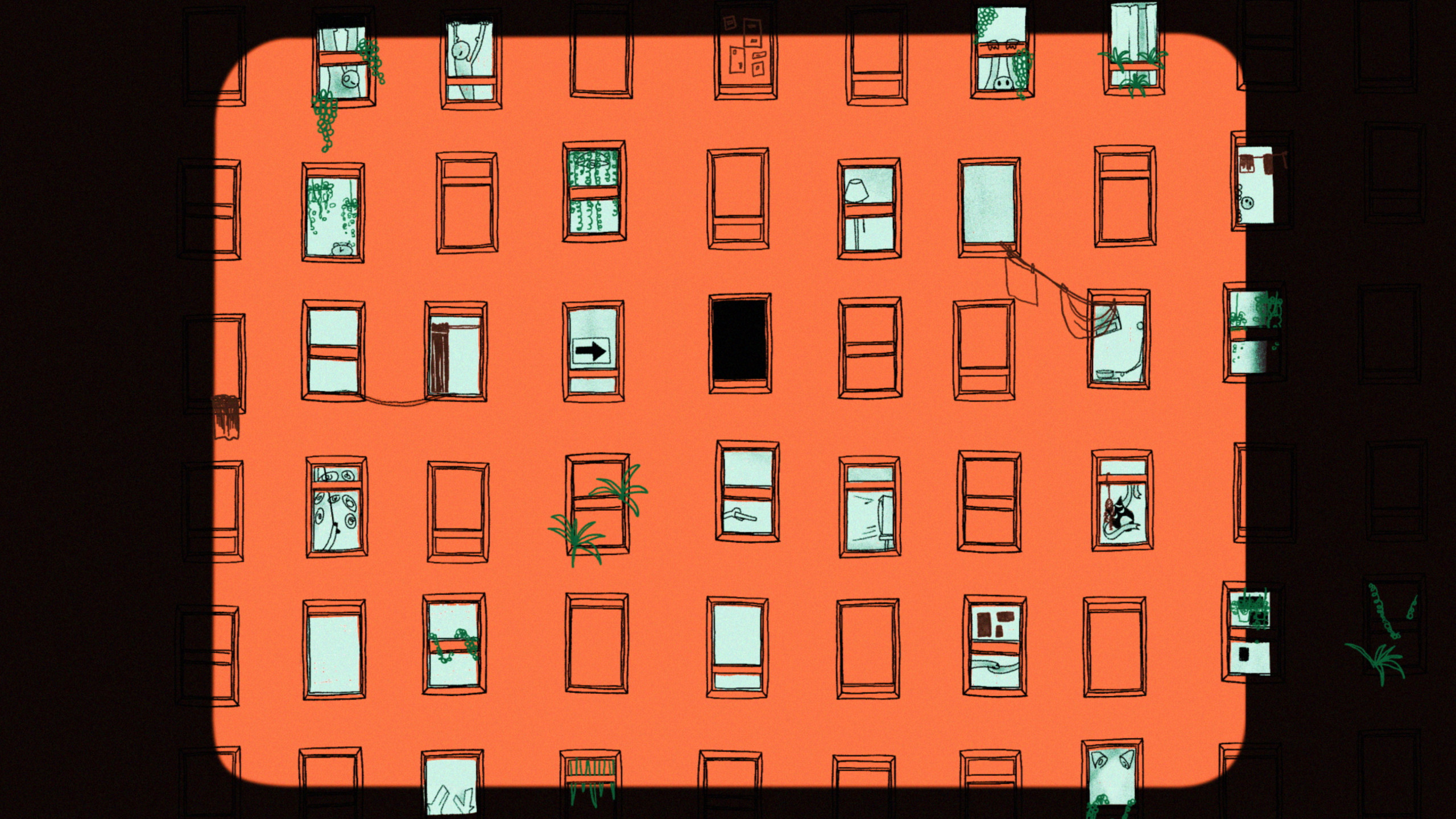 Exterior of a brick apartment building with scattered illuminated windows and activity within