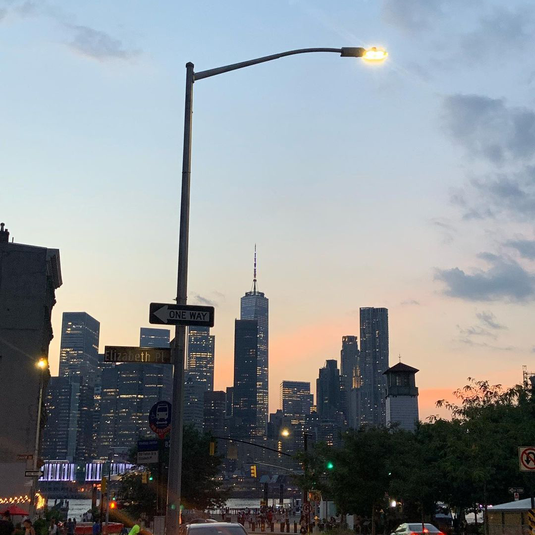 City streetlight and one way sign with skyline in the distance