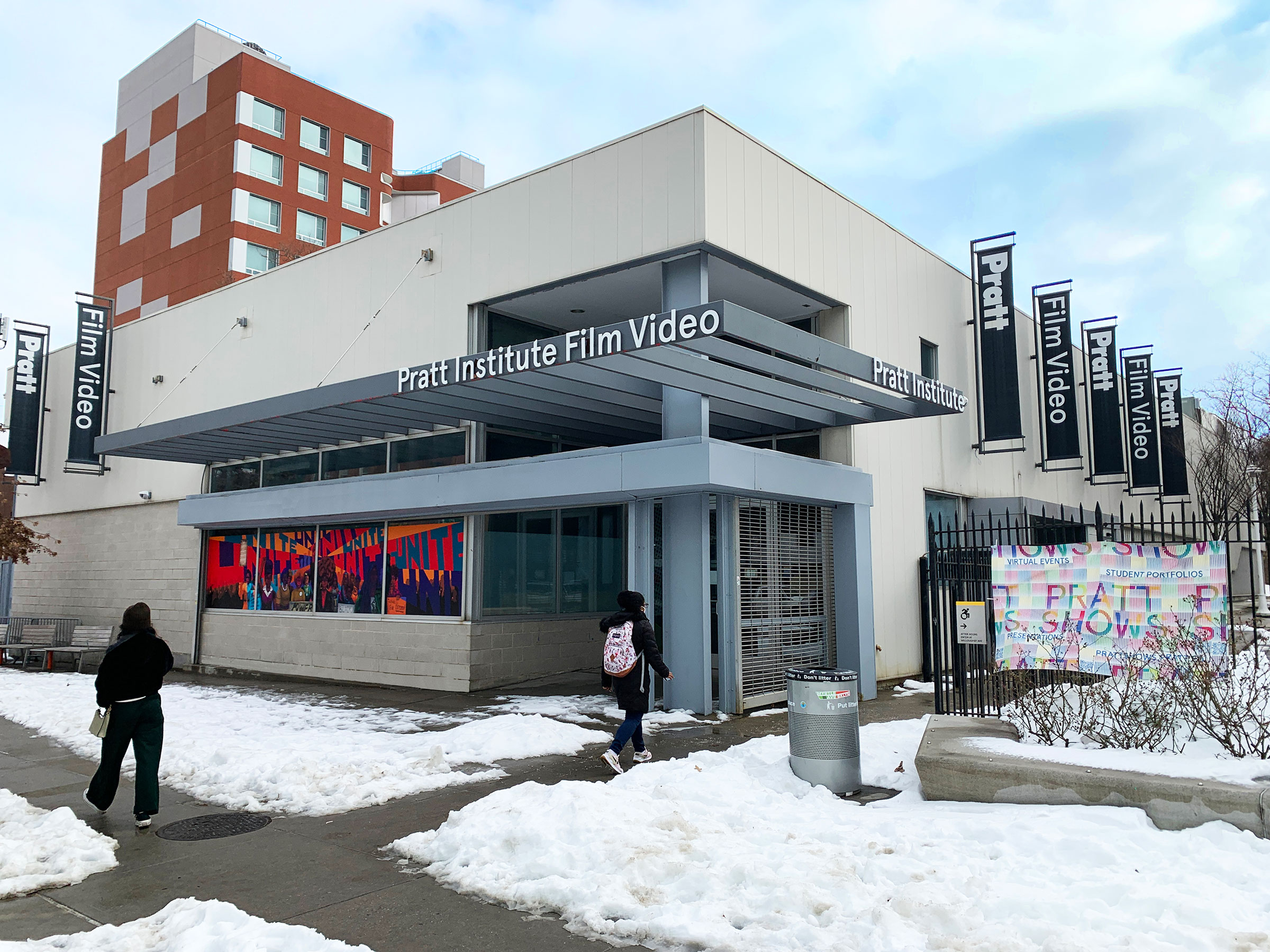 The Film/Video Building with “Reflections of Resistance” by Ananda Ray, BFA Digital Arts ’24 (photo by Kate Therrian Barron)