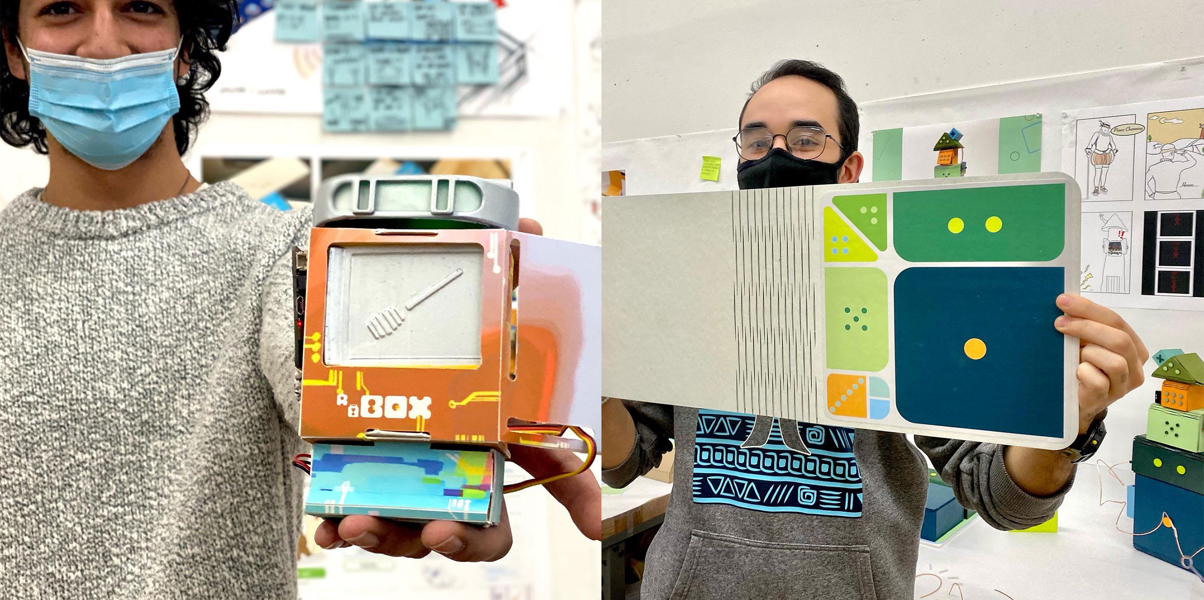 Mihir Keskar, BID ’22, and Liam Raissian, BID ’22, with their projects (photos by Deb Johnson)
