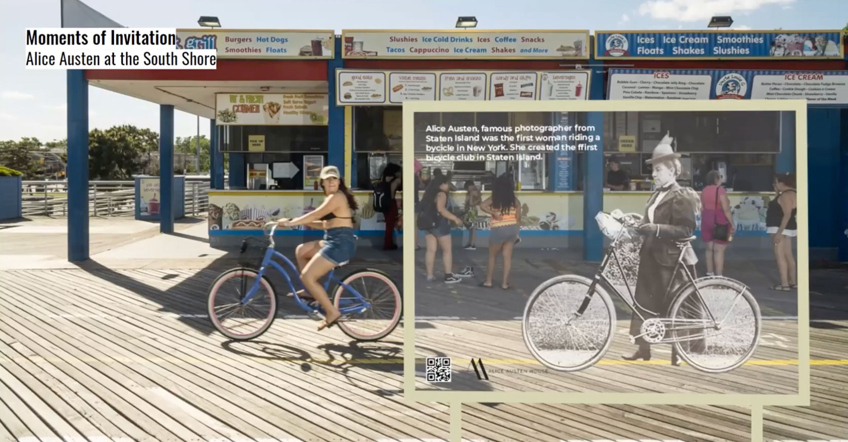 Concepts for “moments of invitation” using Alice Austen’s photography and a photograph of Austen with her bicycle