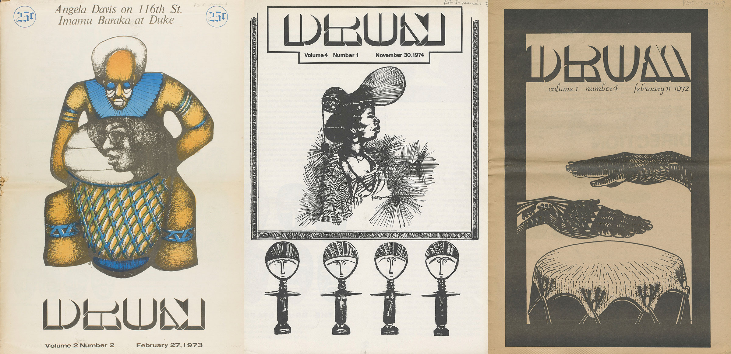 Covers of Drum, the publication of the Pratt Black Student Union in the 1970s (courtesy Pratt Institute Archives Publications Collection)