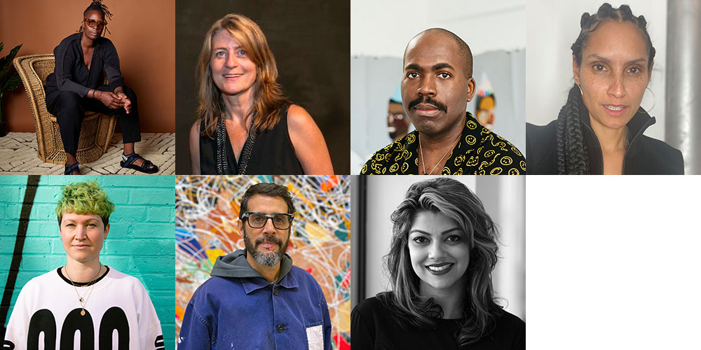 The directors and core mentors of Pratt>FORWARD 2022, from L-R from top row: Mickalene Thomas, Jane South, Derrick Adams, Racquel Chevremont, Elizabeth Lamb, José Parlá, and Jasmine Wahi