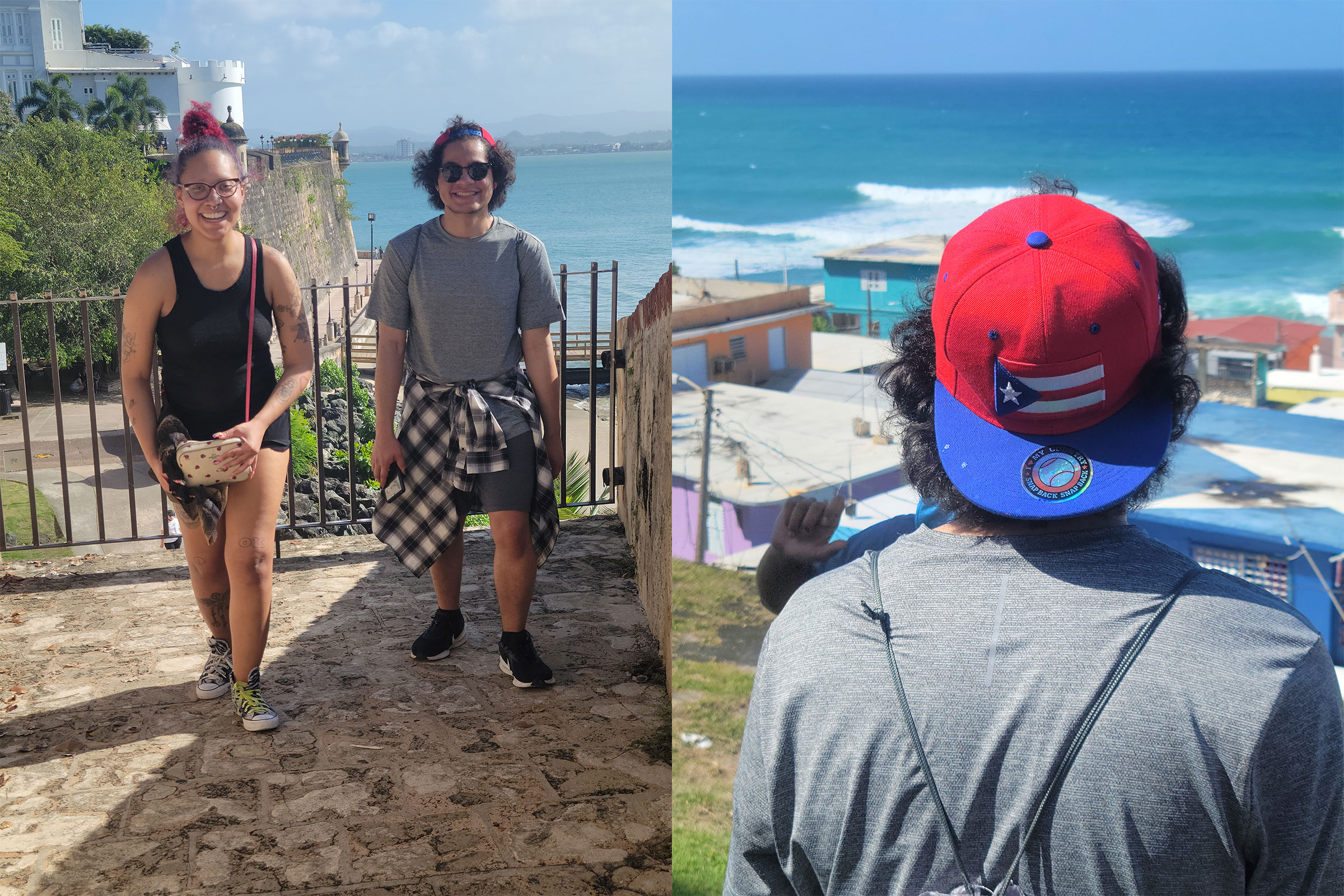 Pratt students Masiel Guichardo and Michael A. Rodriguez on the city wall of Old San Juan and looking out at the La Perla barrio (photos by Aileen Wilson)