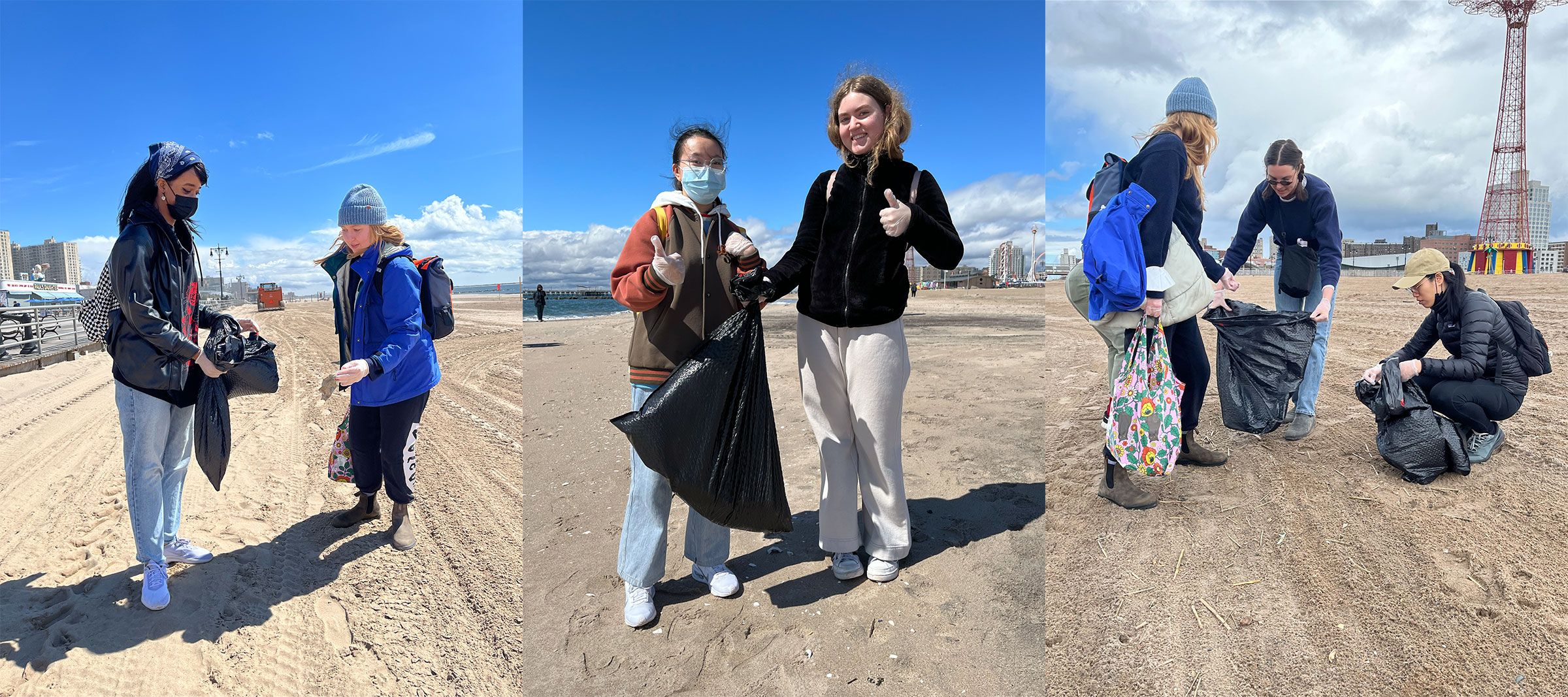 Students joining the beach cleanup day at Coney Island (photos by Sangjin Park)