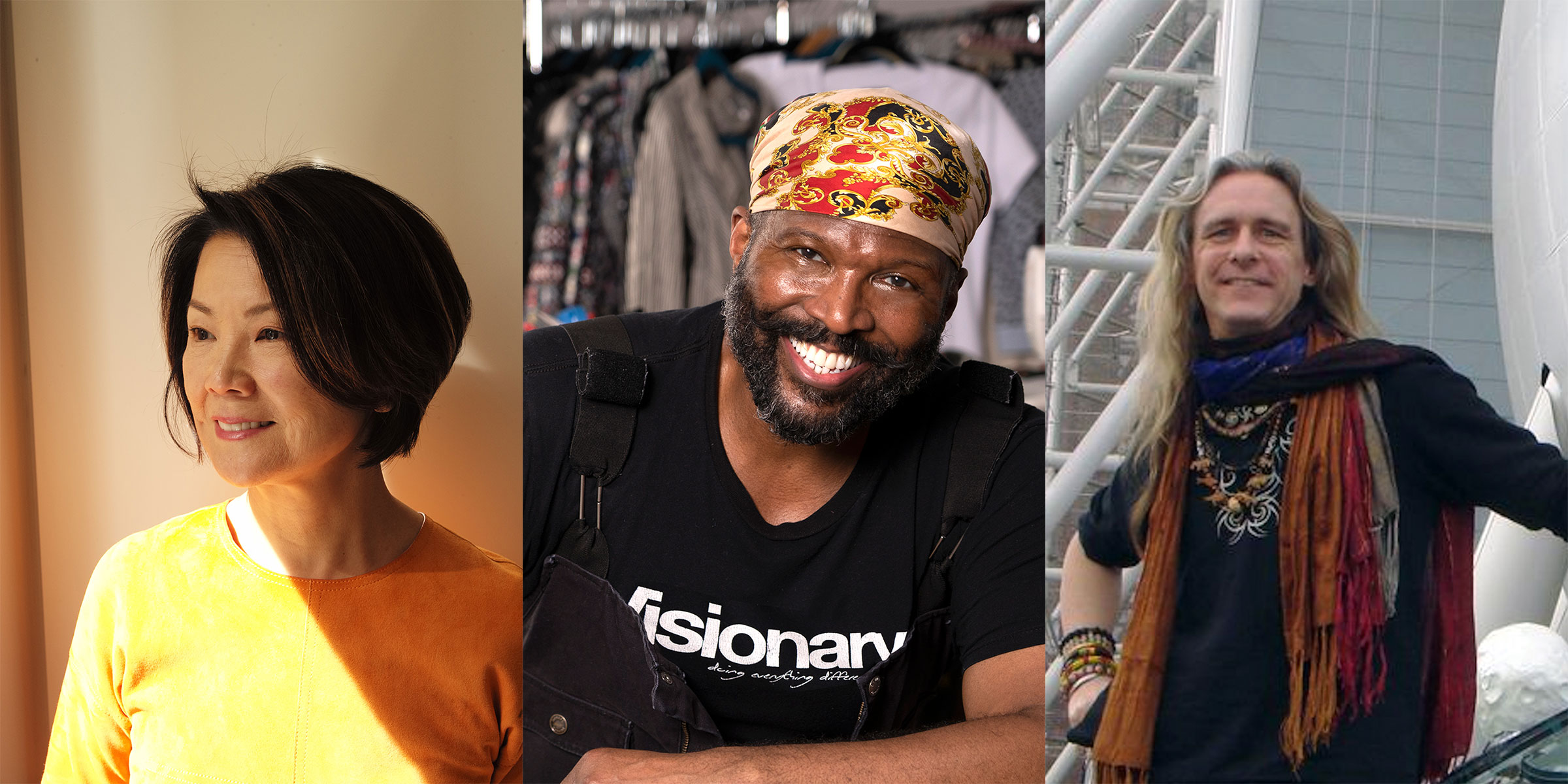 Toshiko Mori (photo by Ralph Gibson), Byron Lars (photo by Salimah Ali), and Carter Burwell Emmart