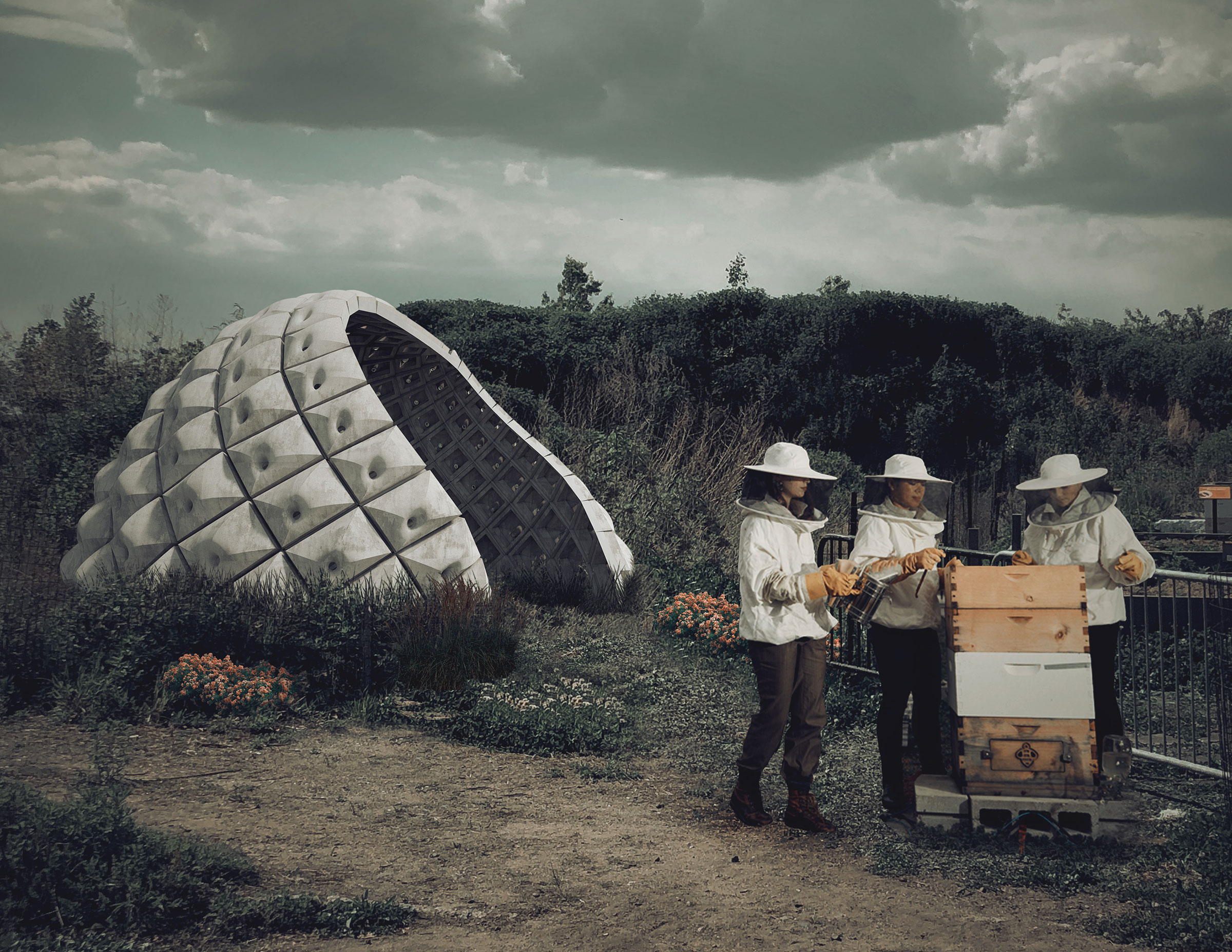 Rendering for the 2022 hempcrete version of the Pollinators Pavilion, a Research Open House project, for the Bee Conservancy on Governors Island