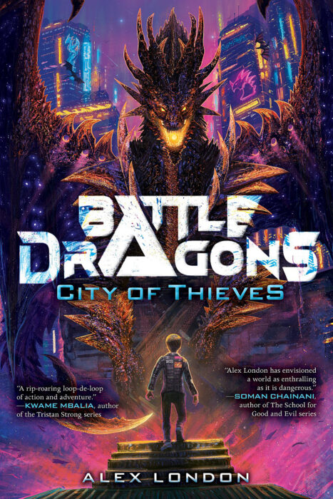 Book cover with dragon and child approaching one another in space lit in magenta and cool blue