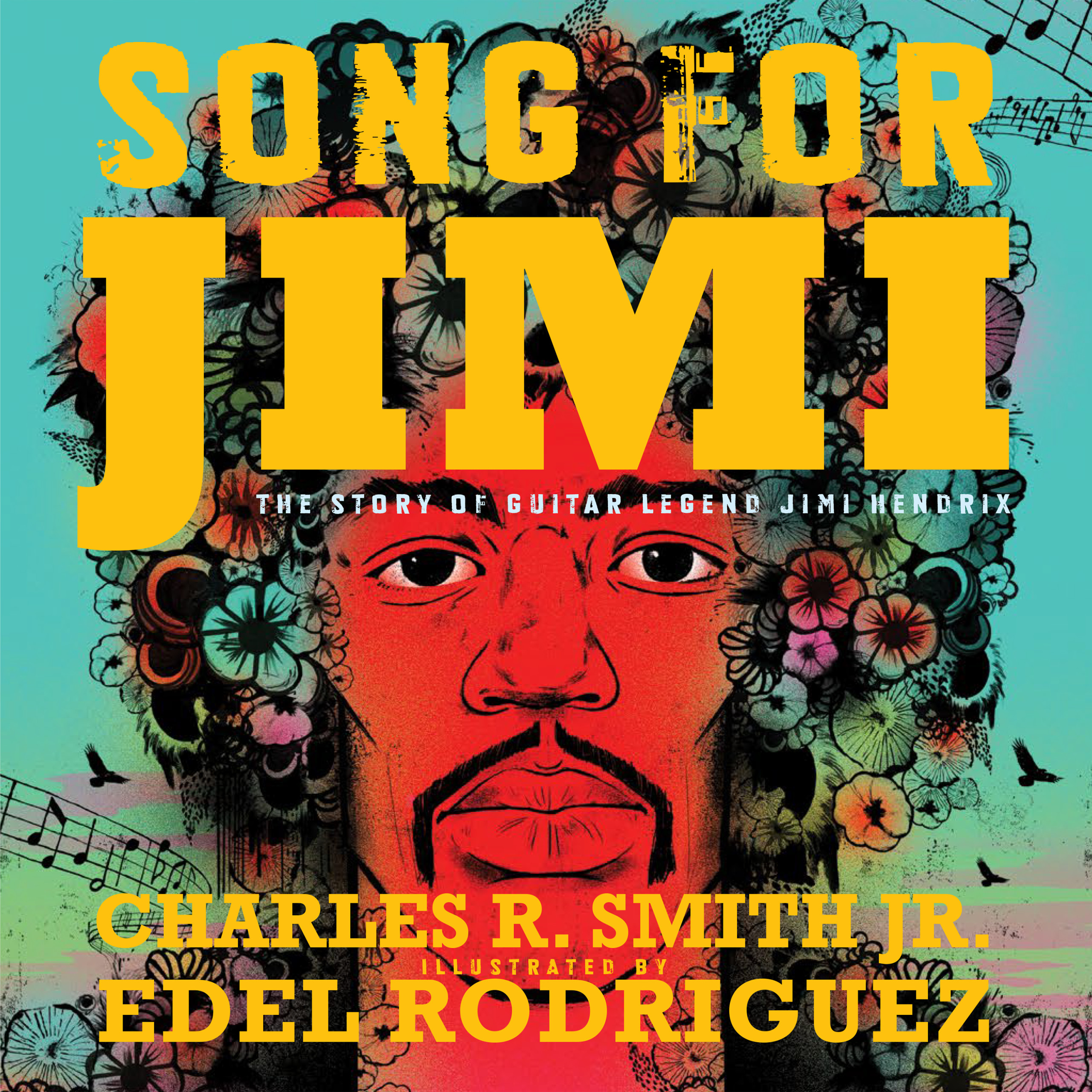 Book cover with illustration of Jimi Hendrix adorned with flowers, surrounded by birds and bars of music