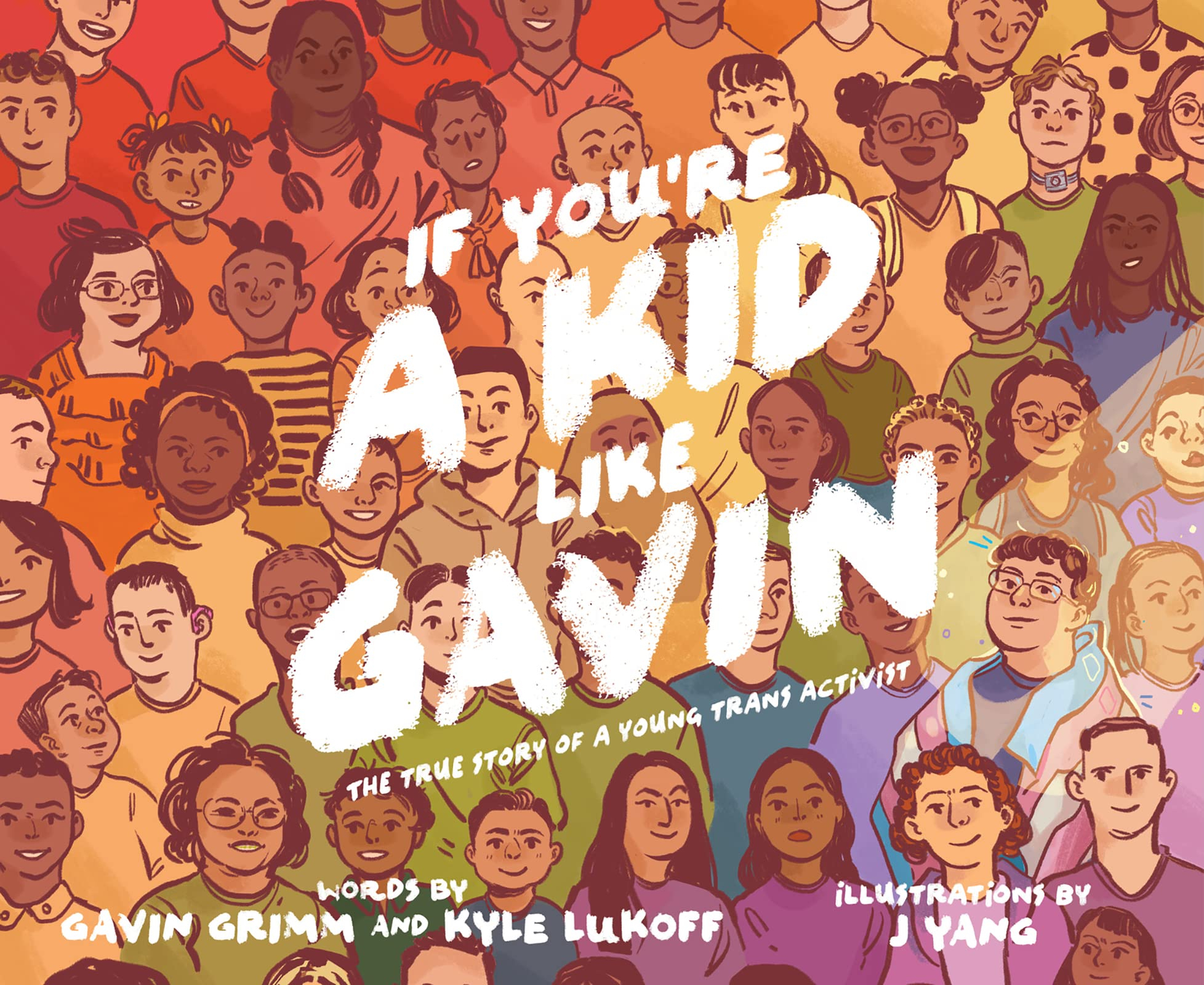 Book cover with rainbow-toned illustration of rows of young people with different skin tones, hair styles, and expressions